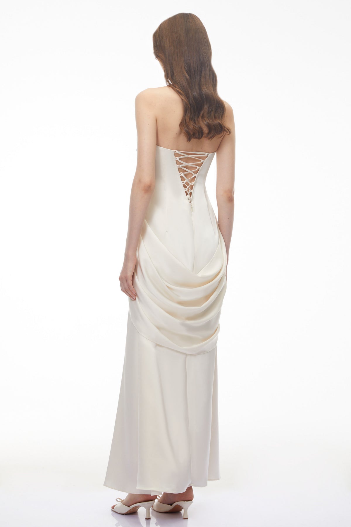 Luluwah White Ruched Maxi Dress with Bow Detail