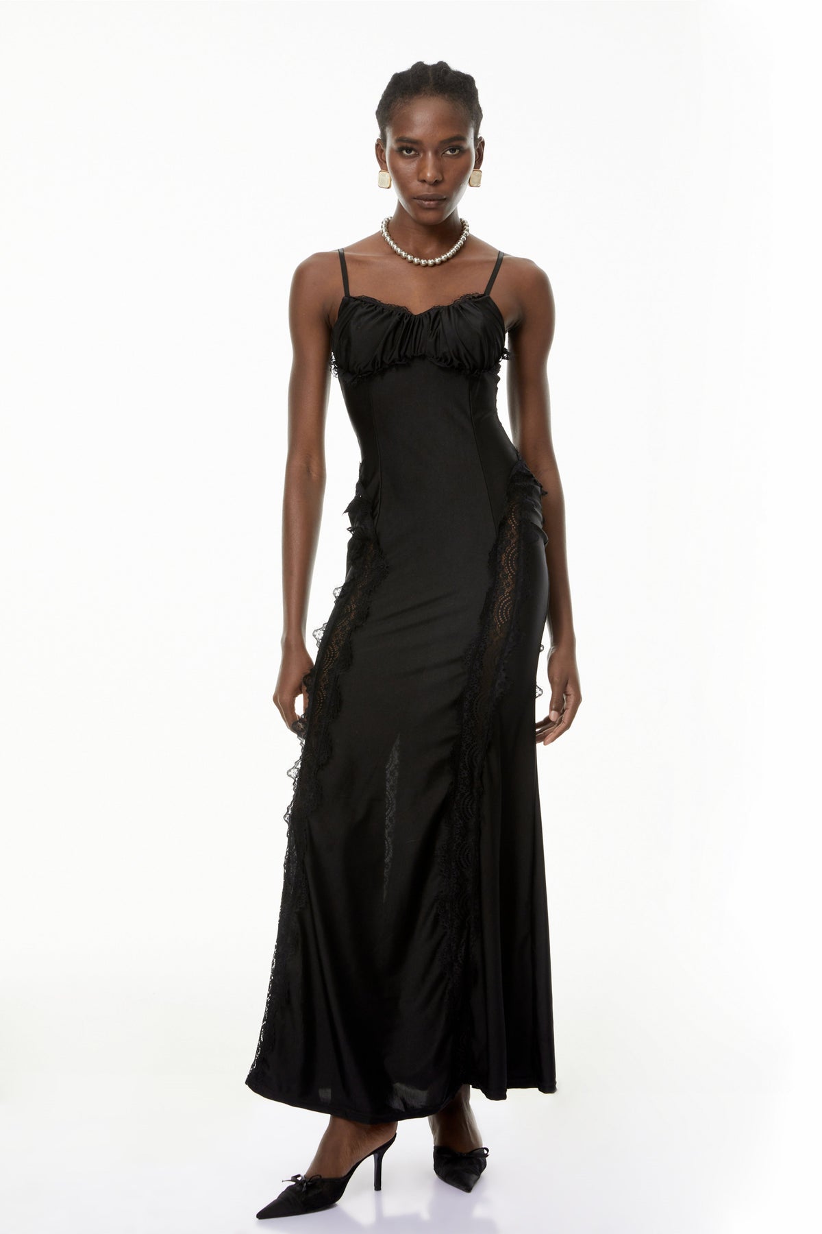 Luminița Black Lace Trim Corset Maxi Dress