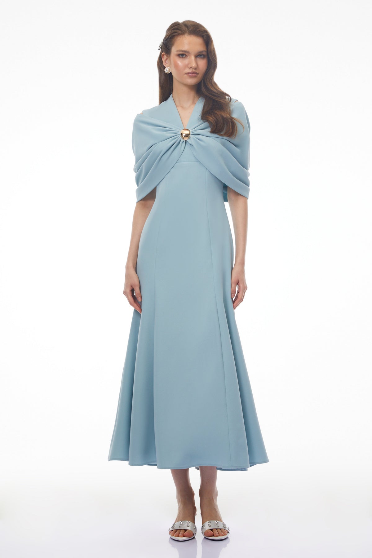 Lyla Blue Plunge Neck Midi Dress with Cape Sleeves