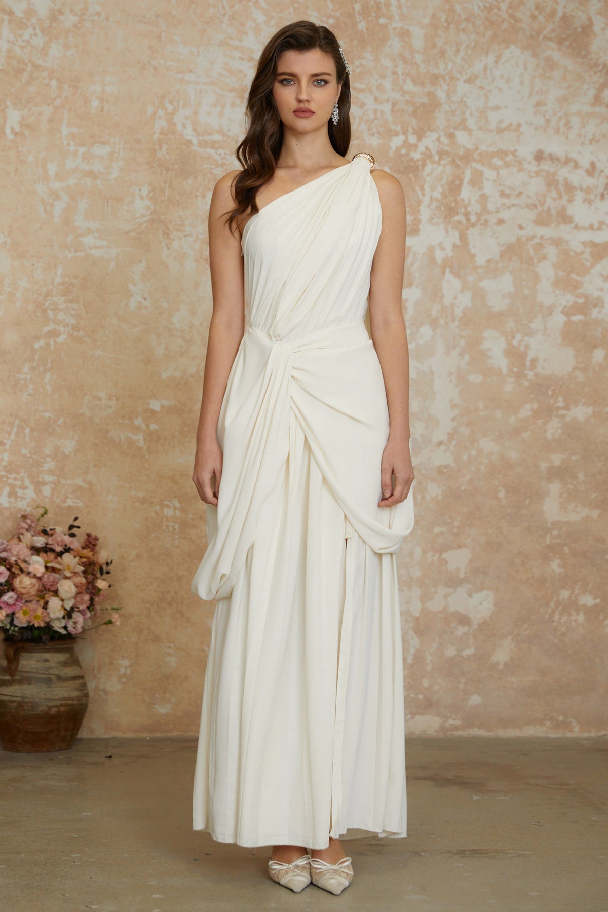 Lyric White Twist High Slit Ruched Maxi Dress