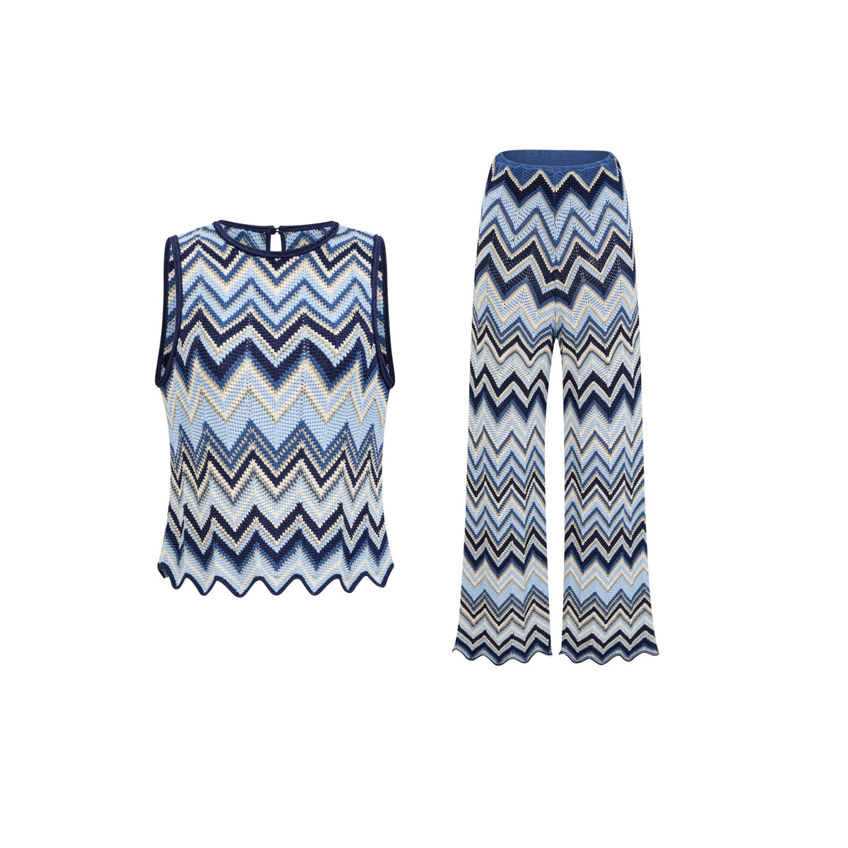 Irina blue zigzag-woven pointelle-knit top & trousers matching set (Final Sale)