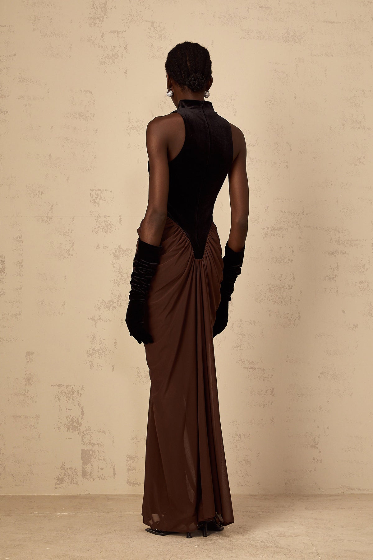 Mathilde brown velvet-panel ruched maxi dress