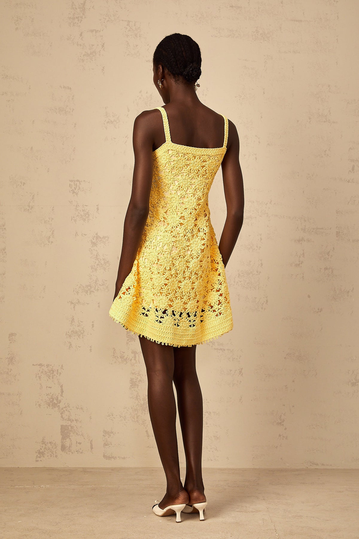 Isoline Yellow Flared Crochet Knit Mini Dress