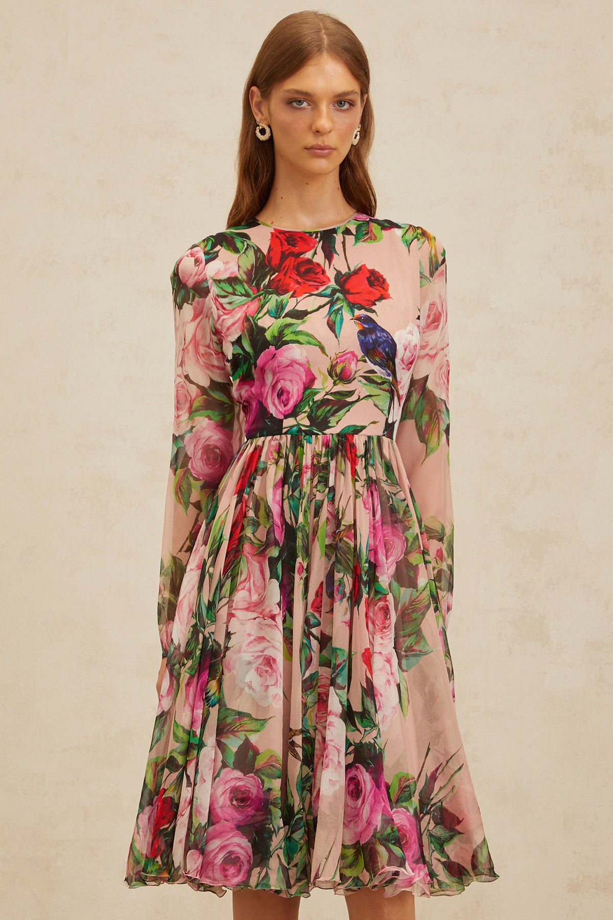 Coralie Pink Rose Print Summer Silk Midi Dress
