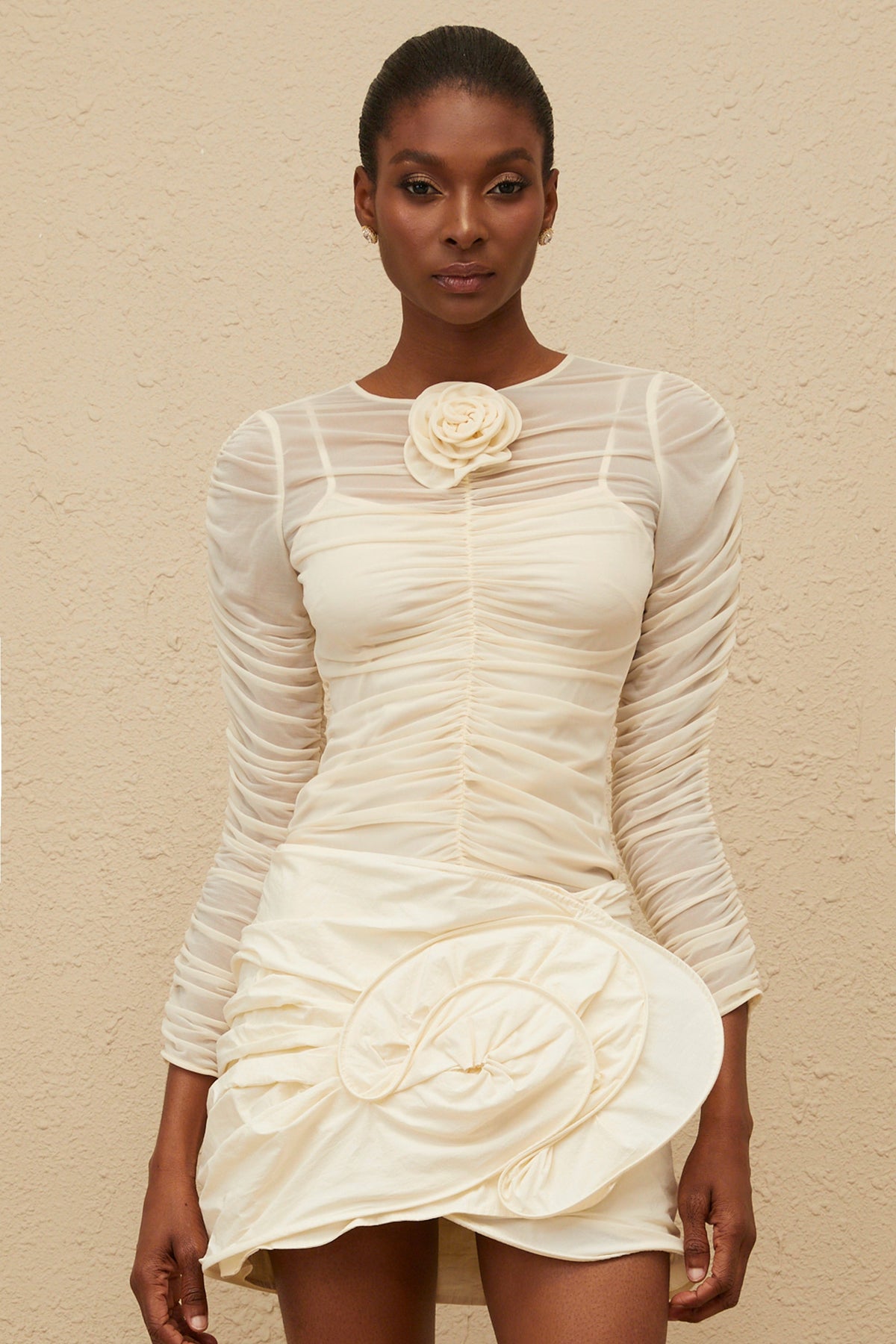 Lotte Neutral Ruched Mesh Blouse with Floral Appliqué