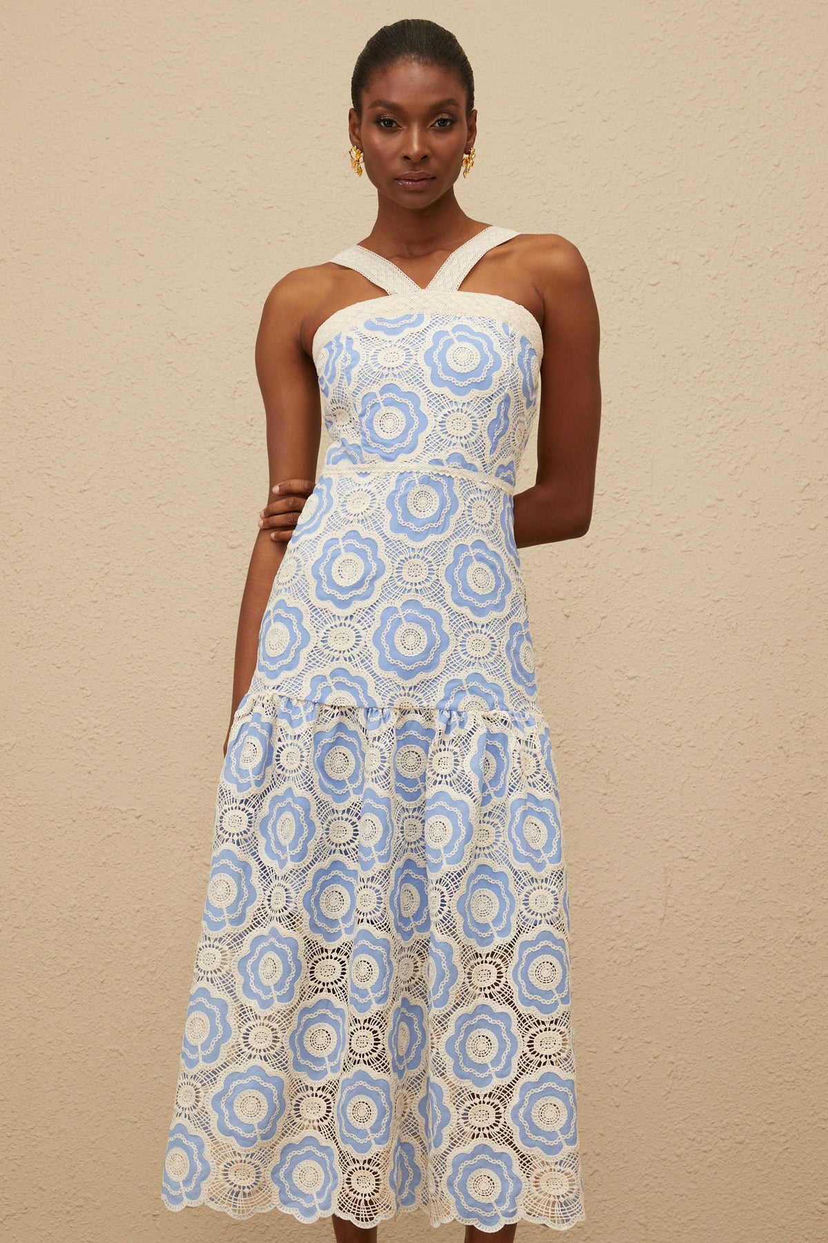 Frivole Blue Crochet Floral Midi Dress