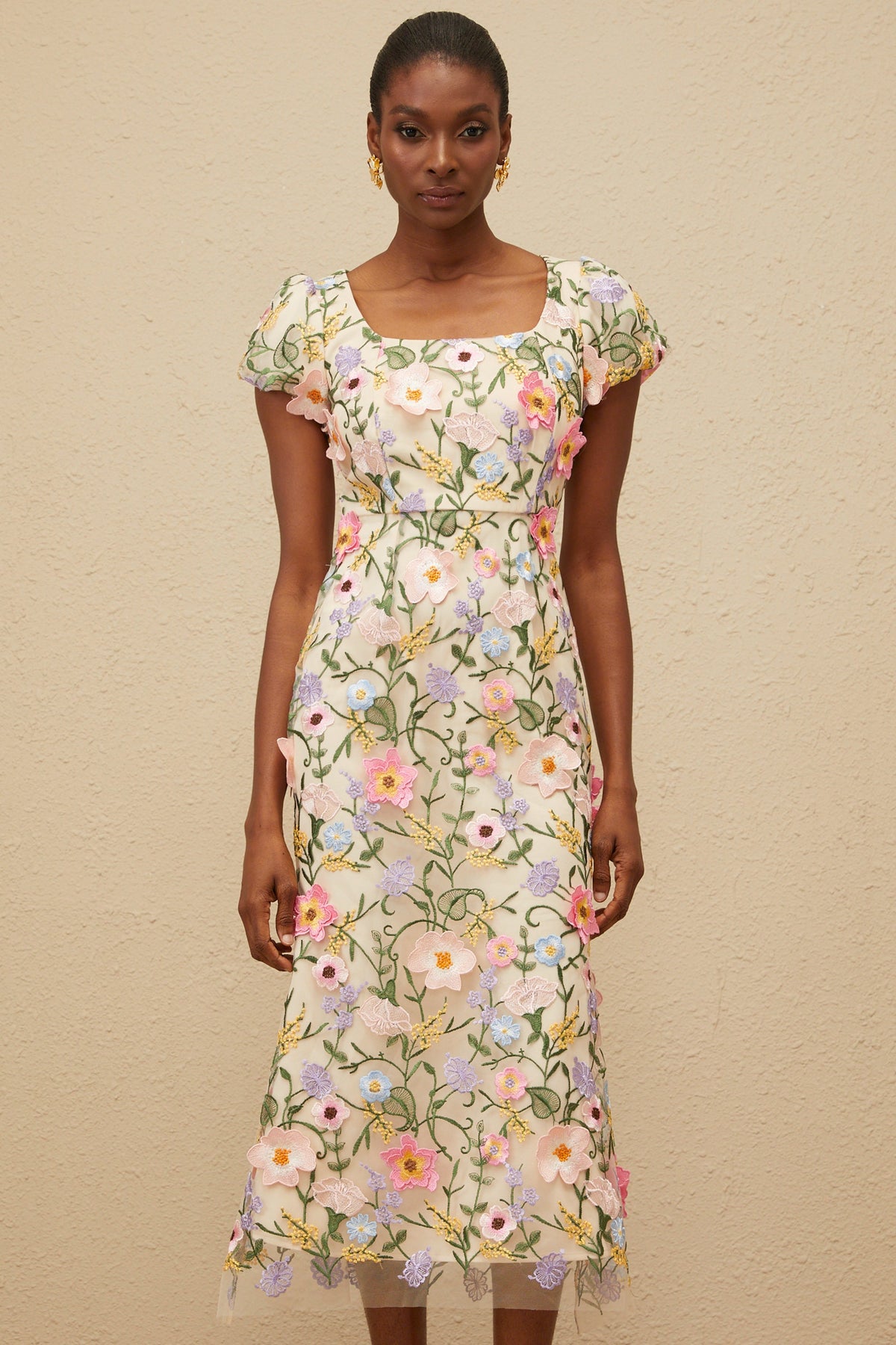 Enjouée Neutral Floral Embroidered Midi Dress (Final Sale-US Only)