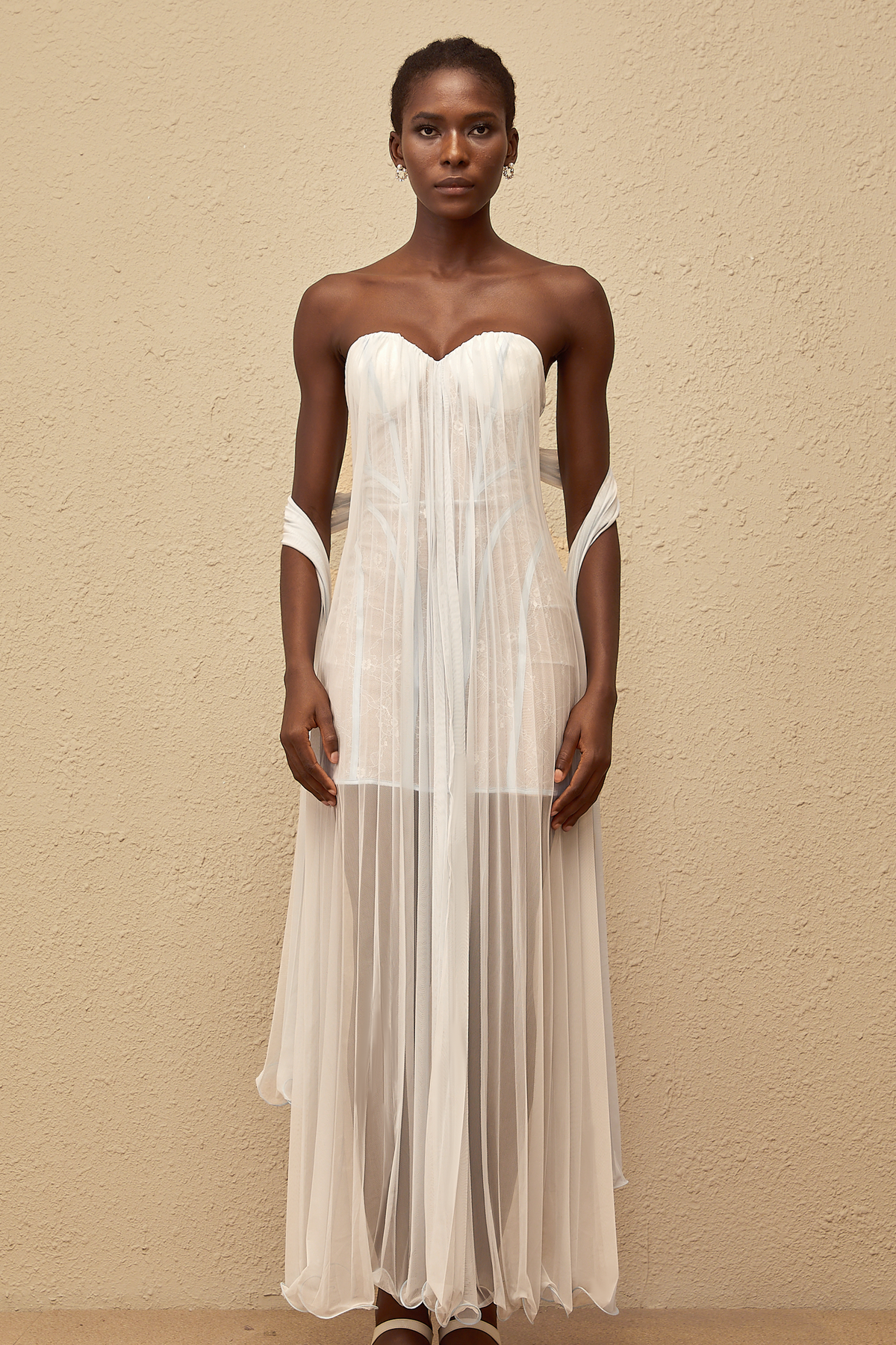 Monique Light Blue Pleated Mesh Maxi Dress