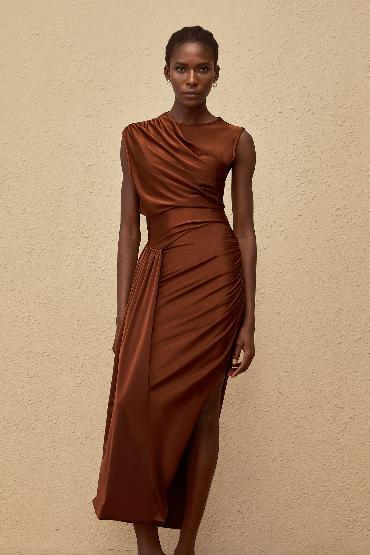 Reine Brown Asymmetrical Ruched Maxi Dress