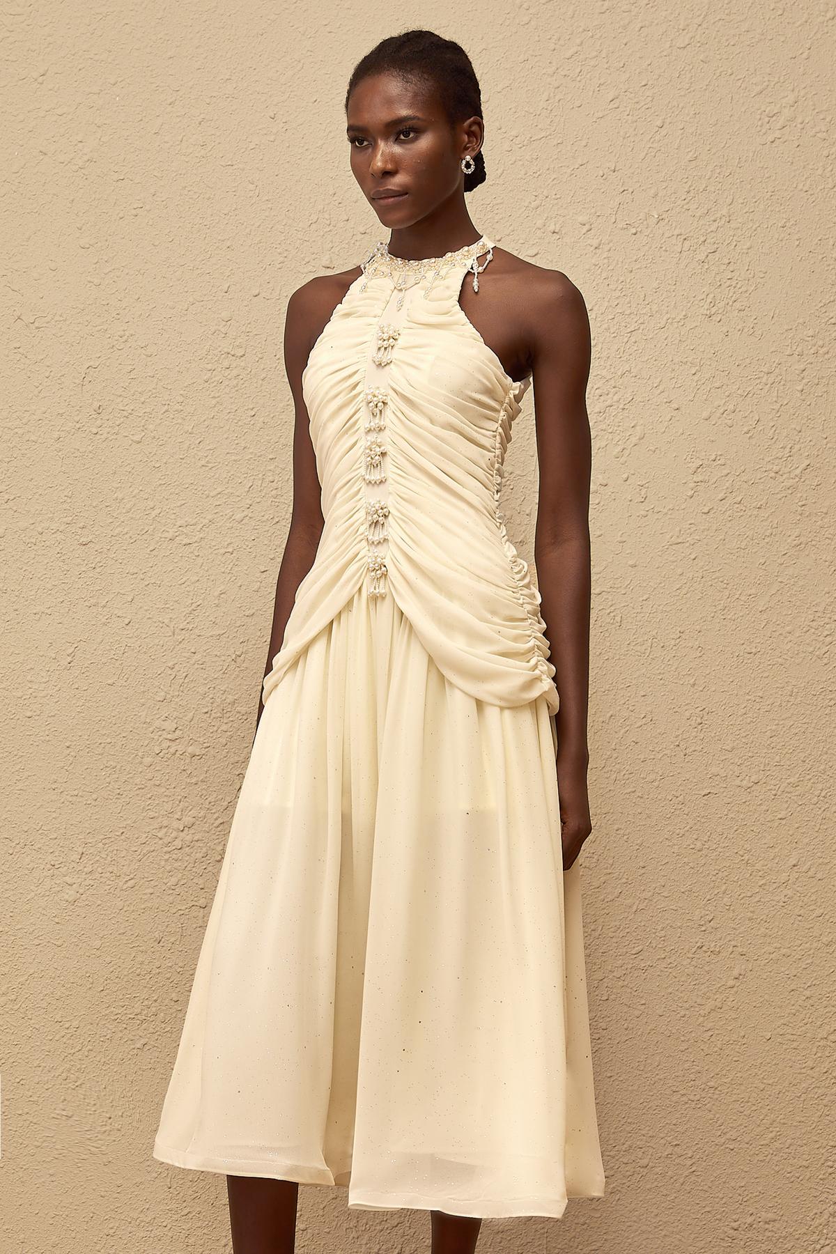 Martha White Faux Pearl Ruched Midi Dress
