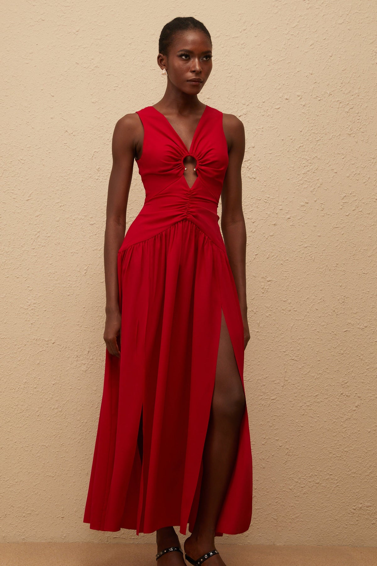 Kleopatra Red Keyhole Detail Ruched Midi Dress