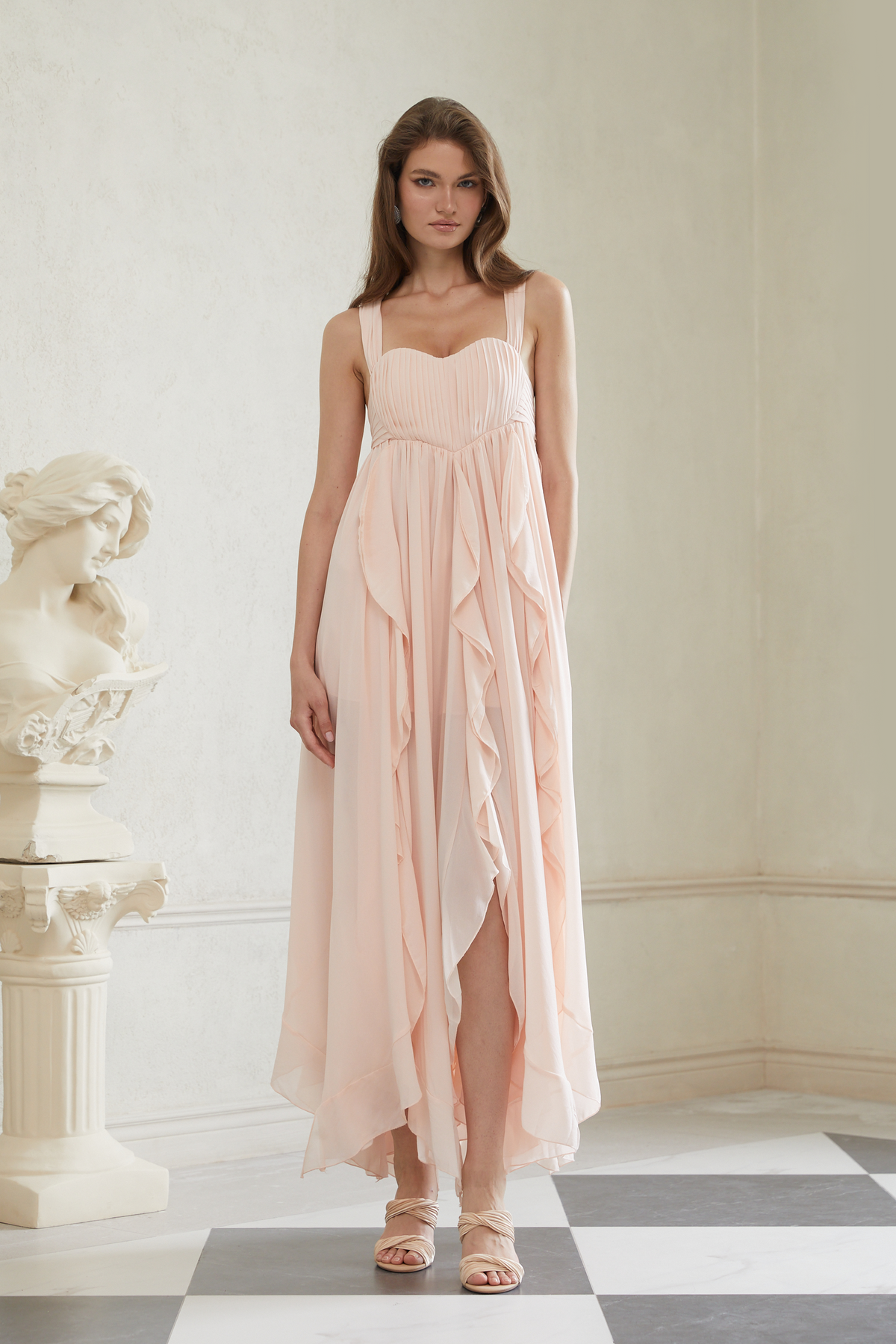Eos Pink Ruffled Chiffon Maxi Dress