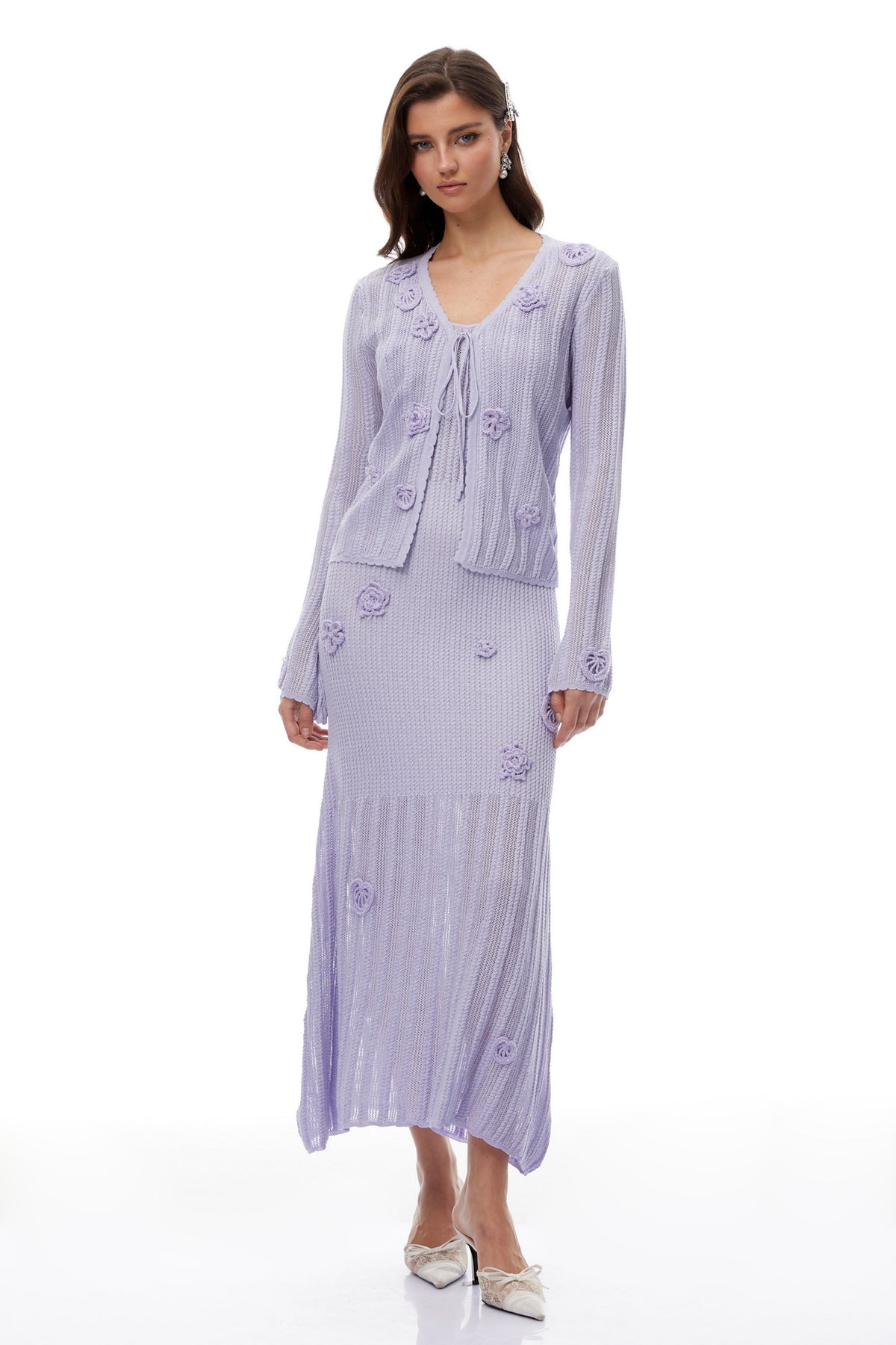 Graca Lavender Floral Ribbed Knit Cardigan & Dress Set
