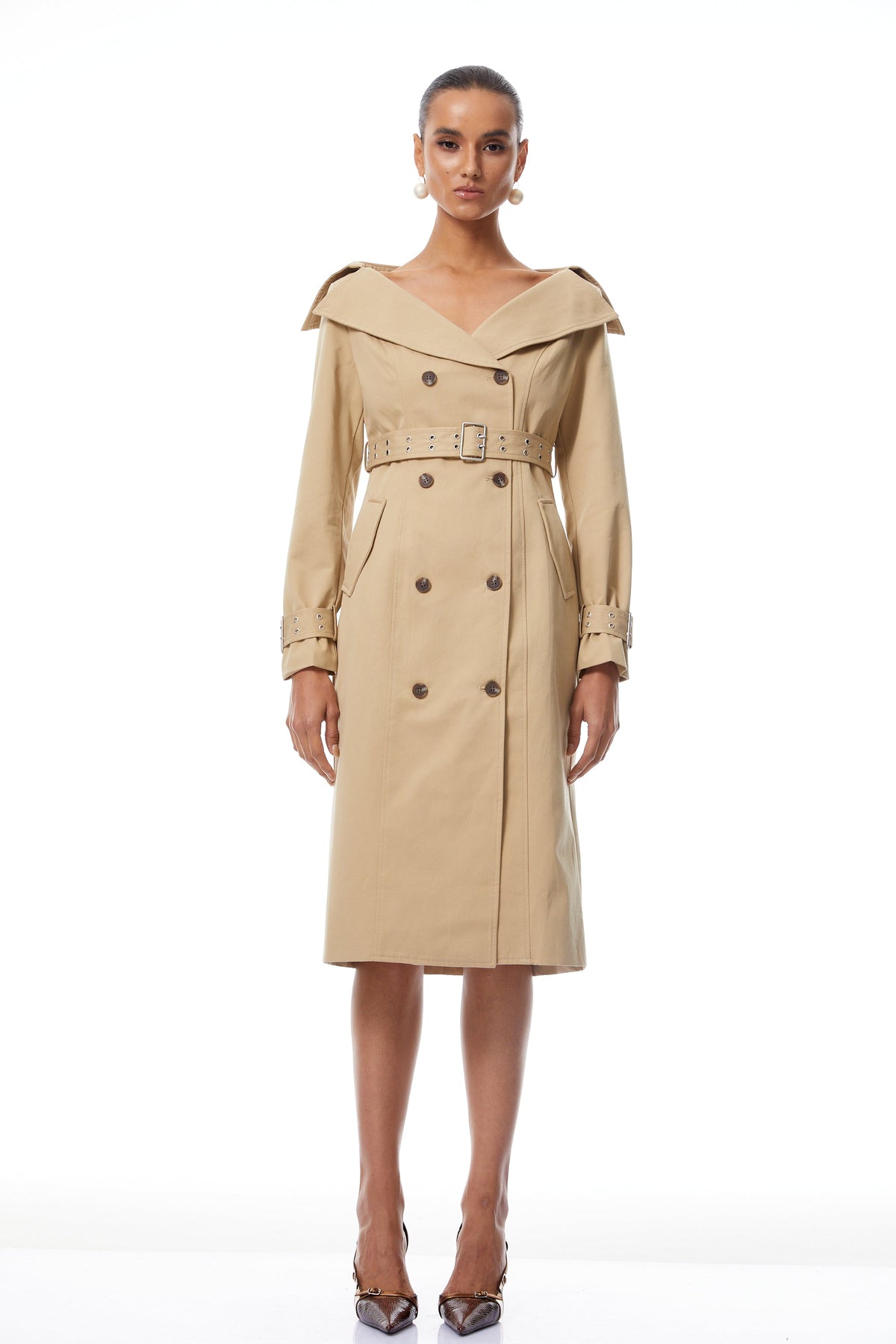 Eufrosina Khaki Double-Breasted Trench Dress