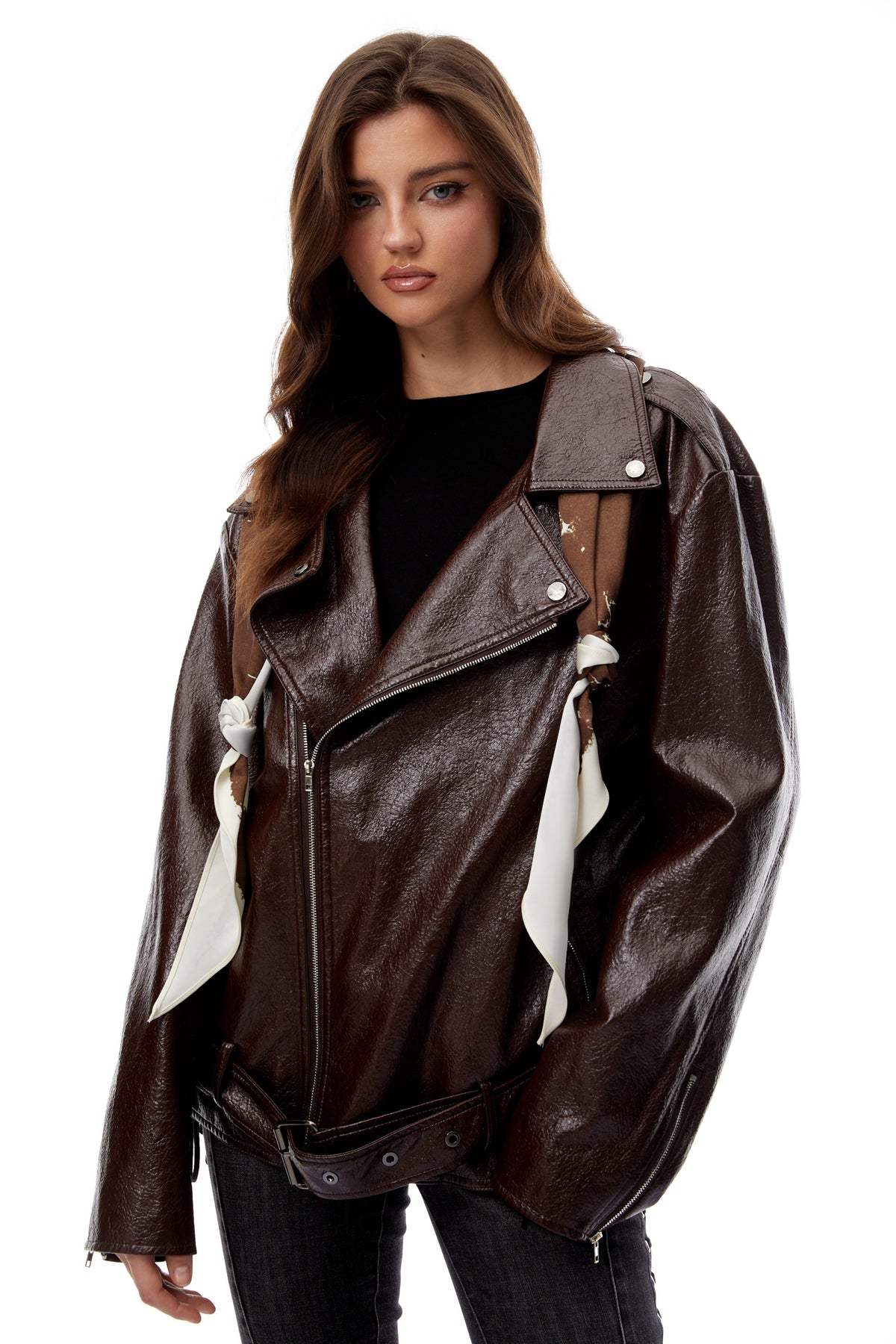 Briar Chestnut Scarf Detail Leather Jacket (Final Sale)