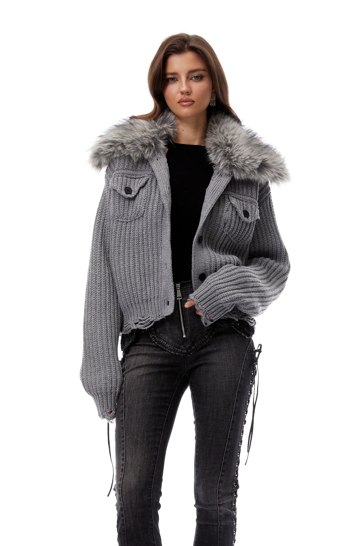 Wren Grey Fur Lapel Ribbed Knit Jacket