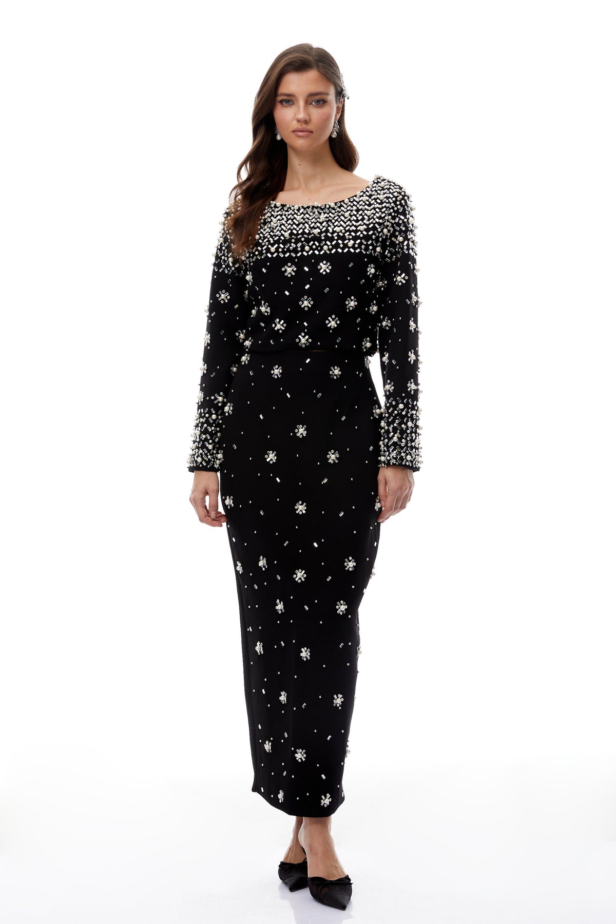 Denise Black Fully Embellished Blouse & Skirt Set