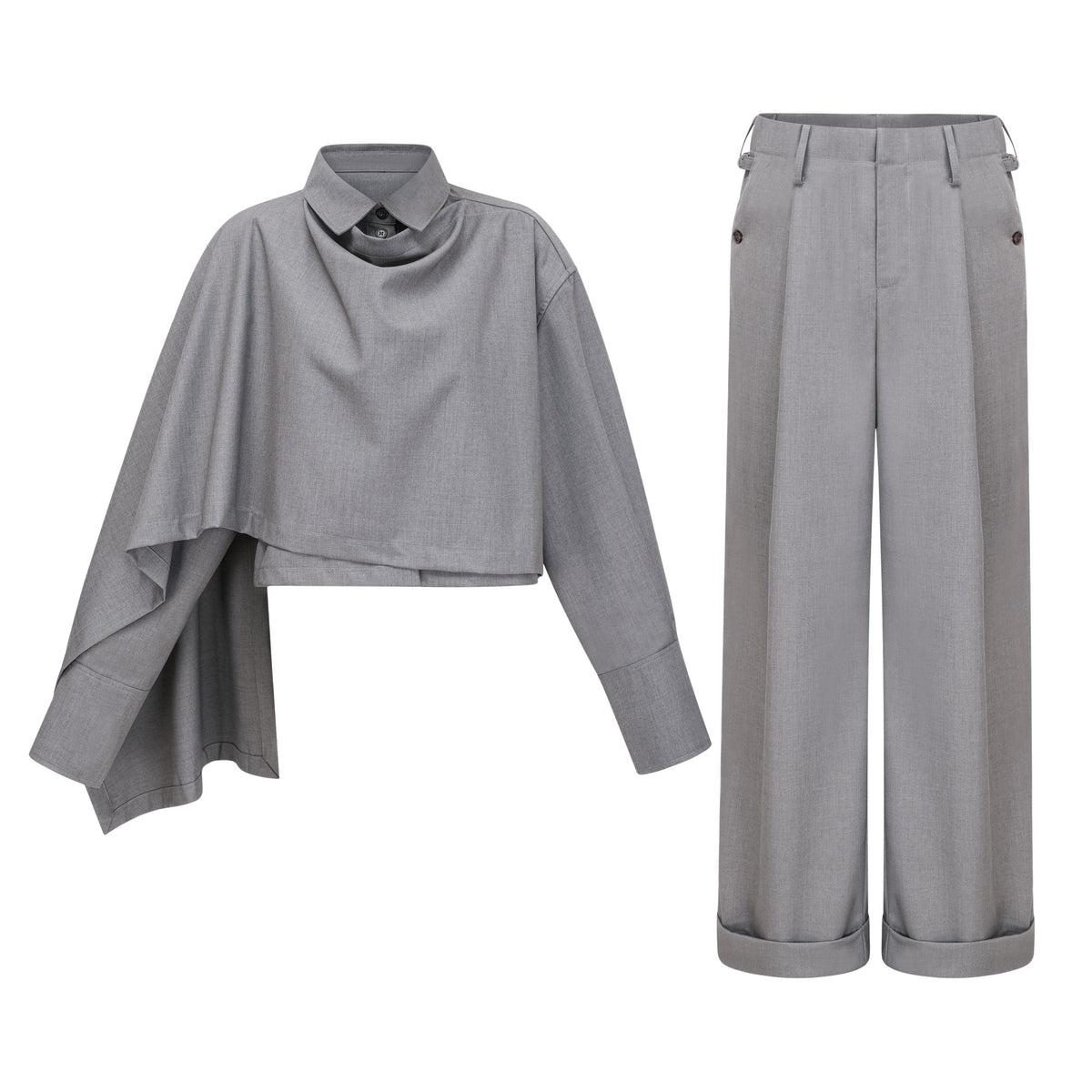 Cynthia Grey Asymmetrical Draped Shirt & Trousers Set