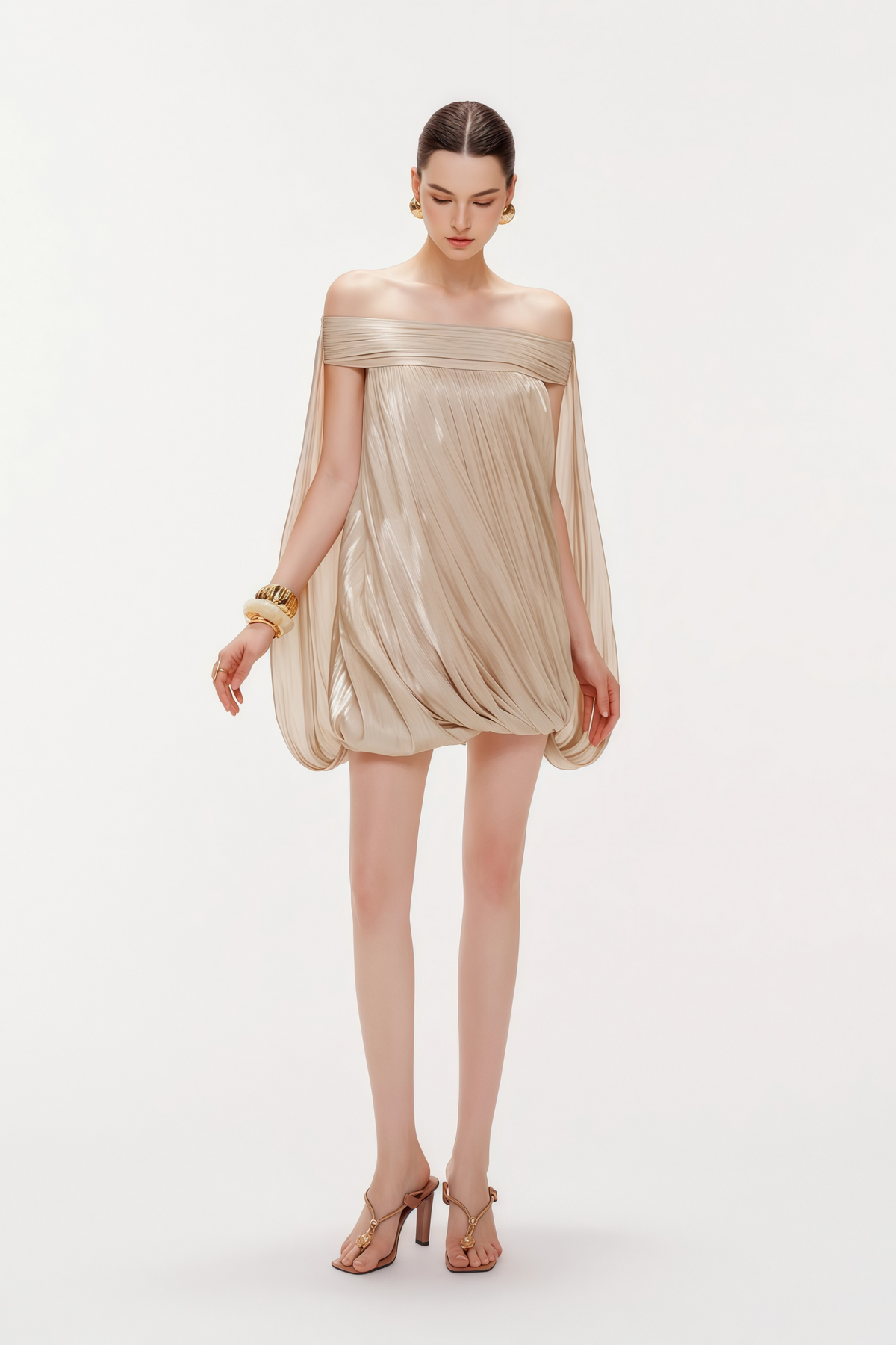 Anastasia Neutral Draped Glossy Mini Dress