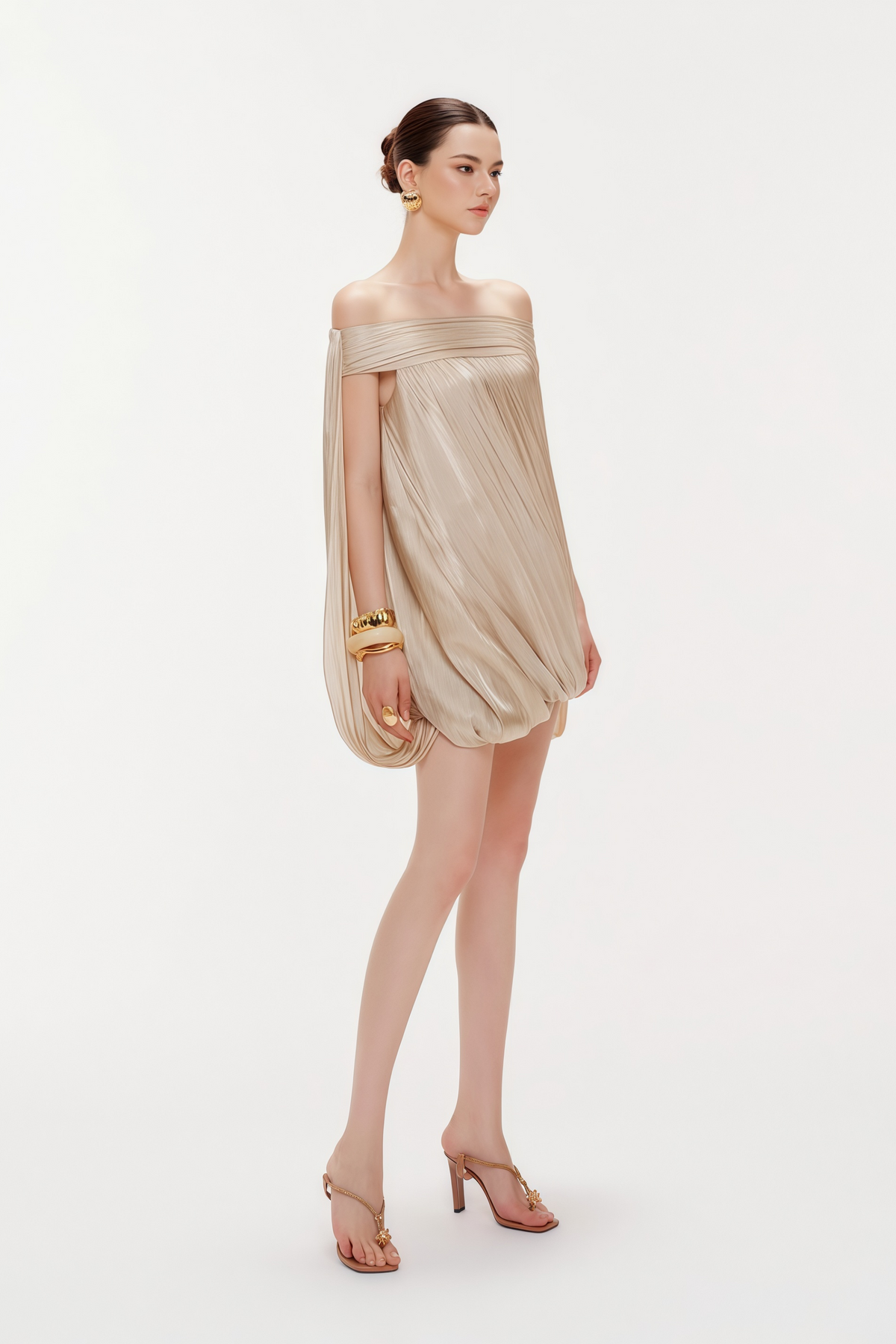 Anastasia Neutral Draped Glossy Mini Dress