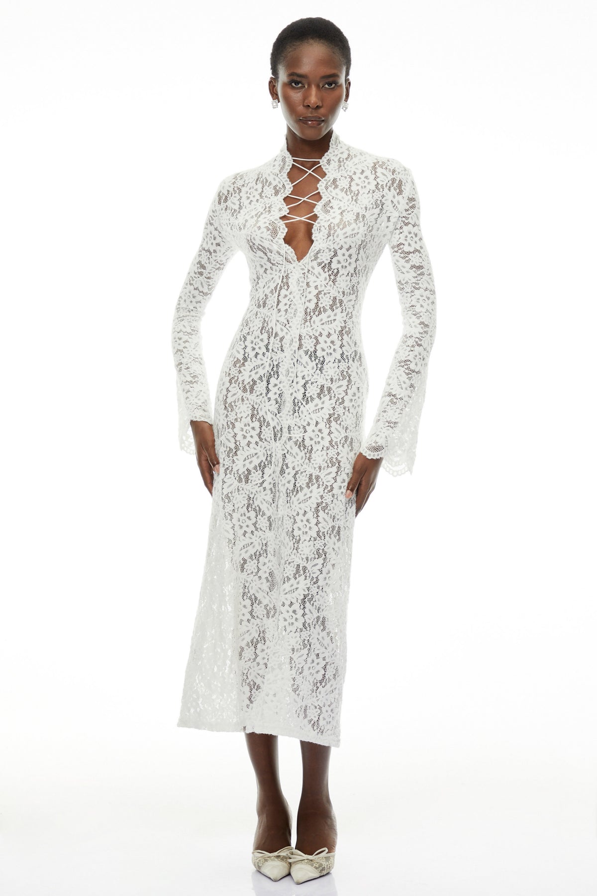 Maëlys White Floral Lace Plunge Neck Maxi Dress