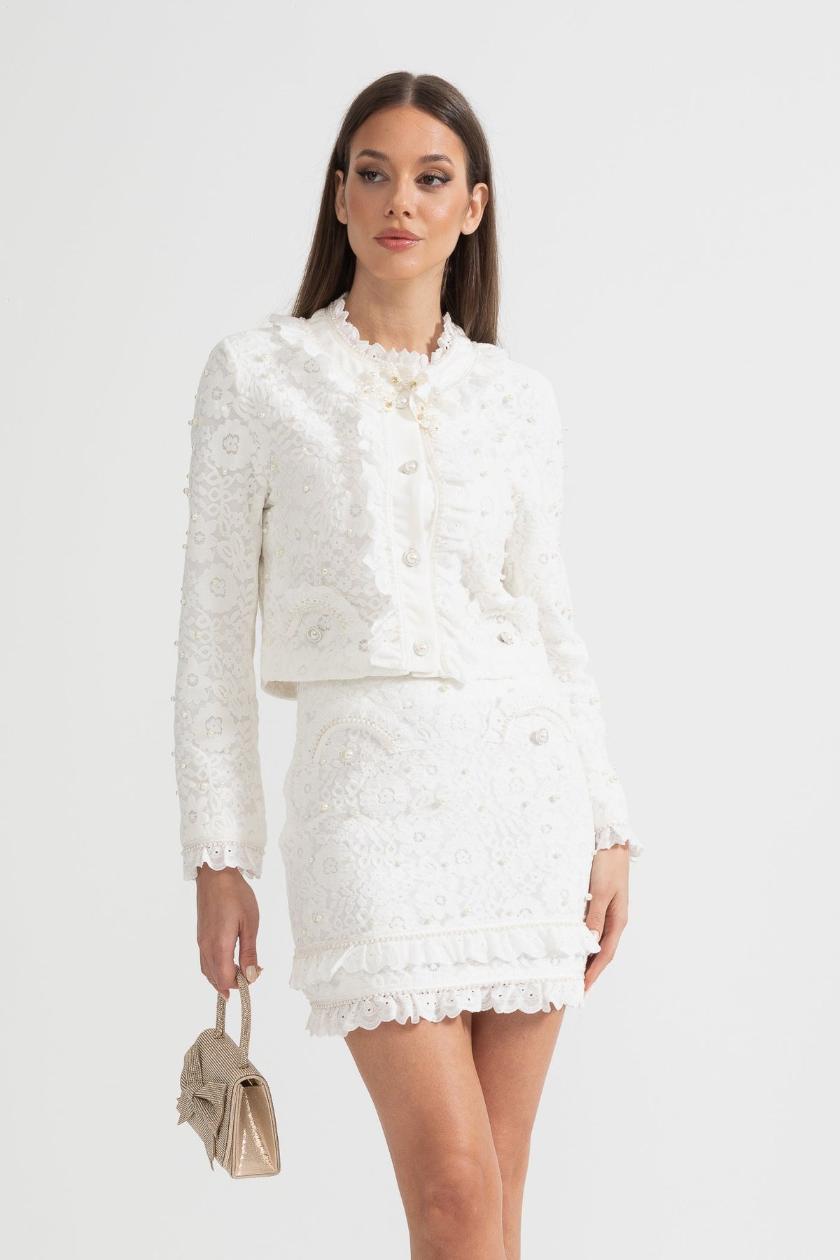 Elegant Two-Piece Ensemble With Exquisite Pearl Embellishments - White