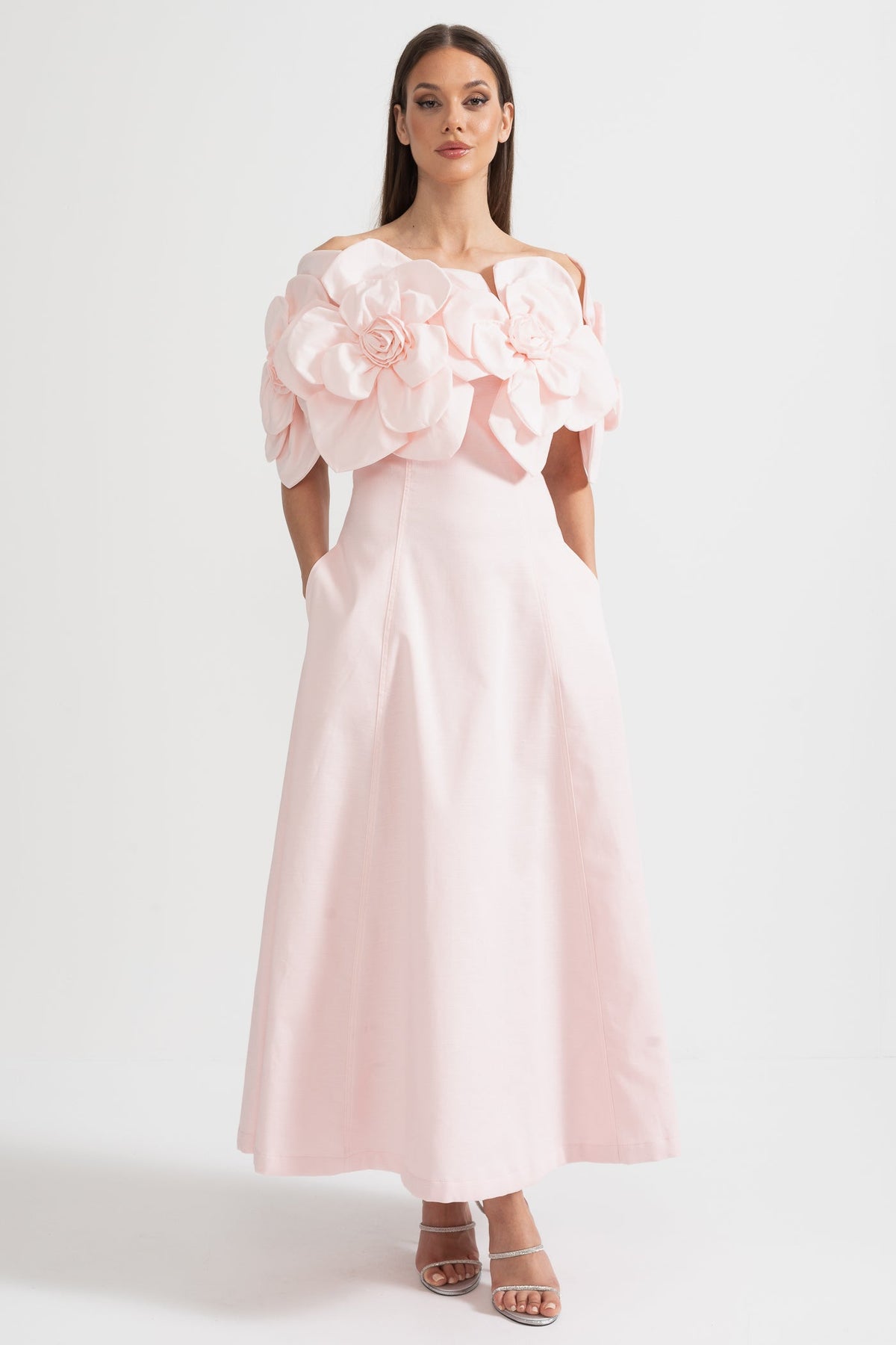 Off-Shoulder Midi Dress With Large Fabric Floral Accents - Pink