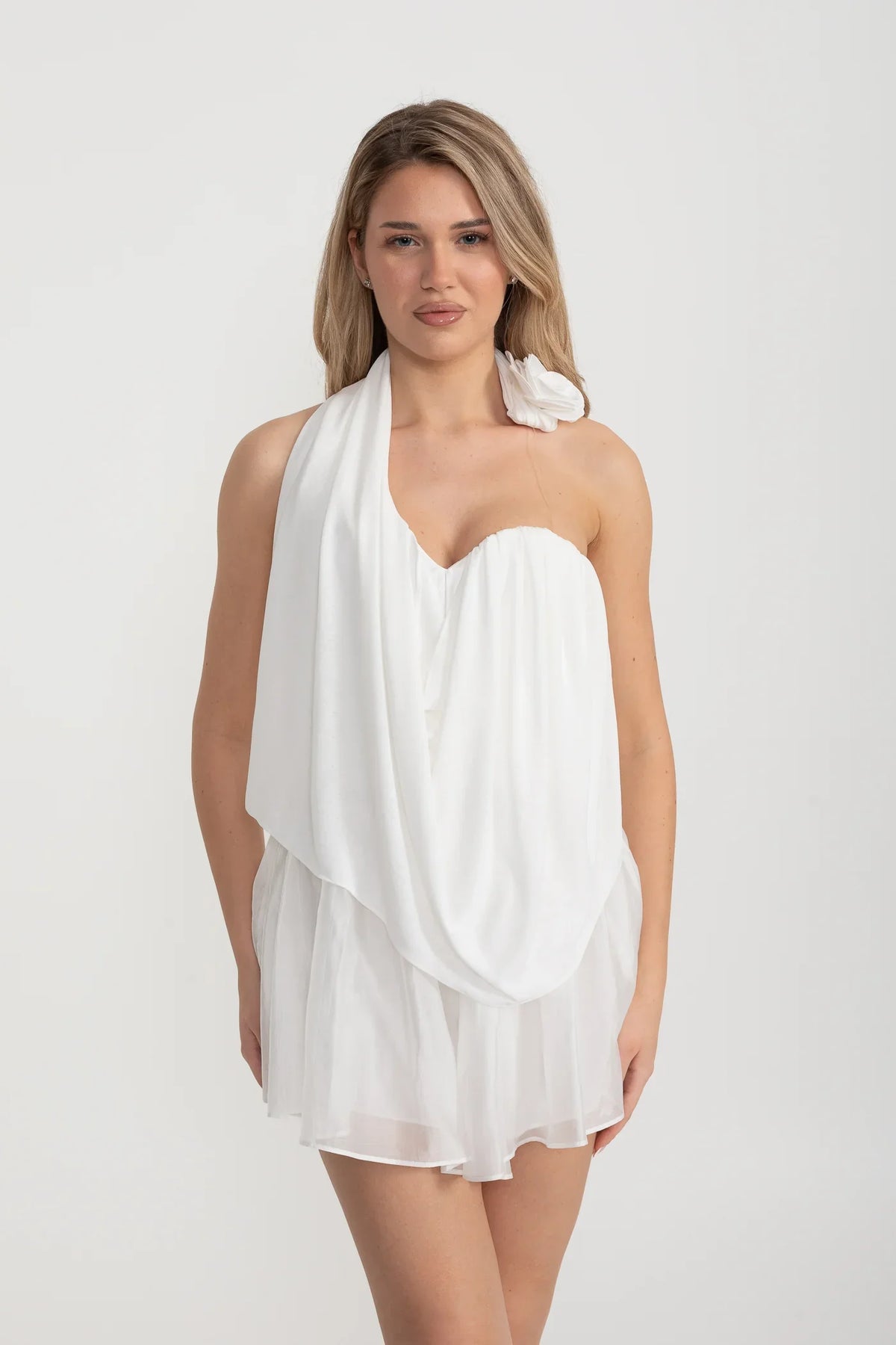 Draped Co-Ord With Flower-Embellished Top And Matching Sheer Skirt - White