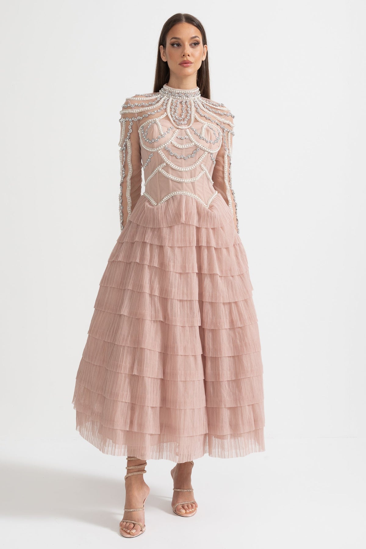 Elegant Long Sleeved Dress With Layered Ruffled Skirt And Intricate Sparkling Embellishments - Pink