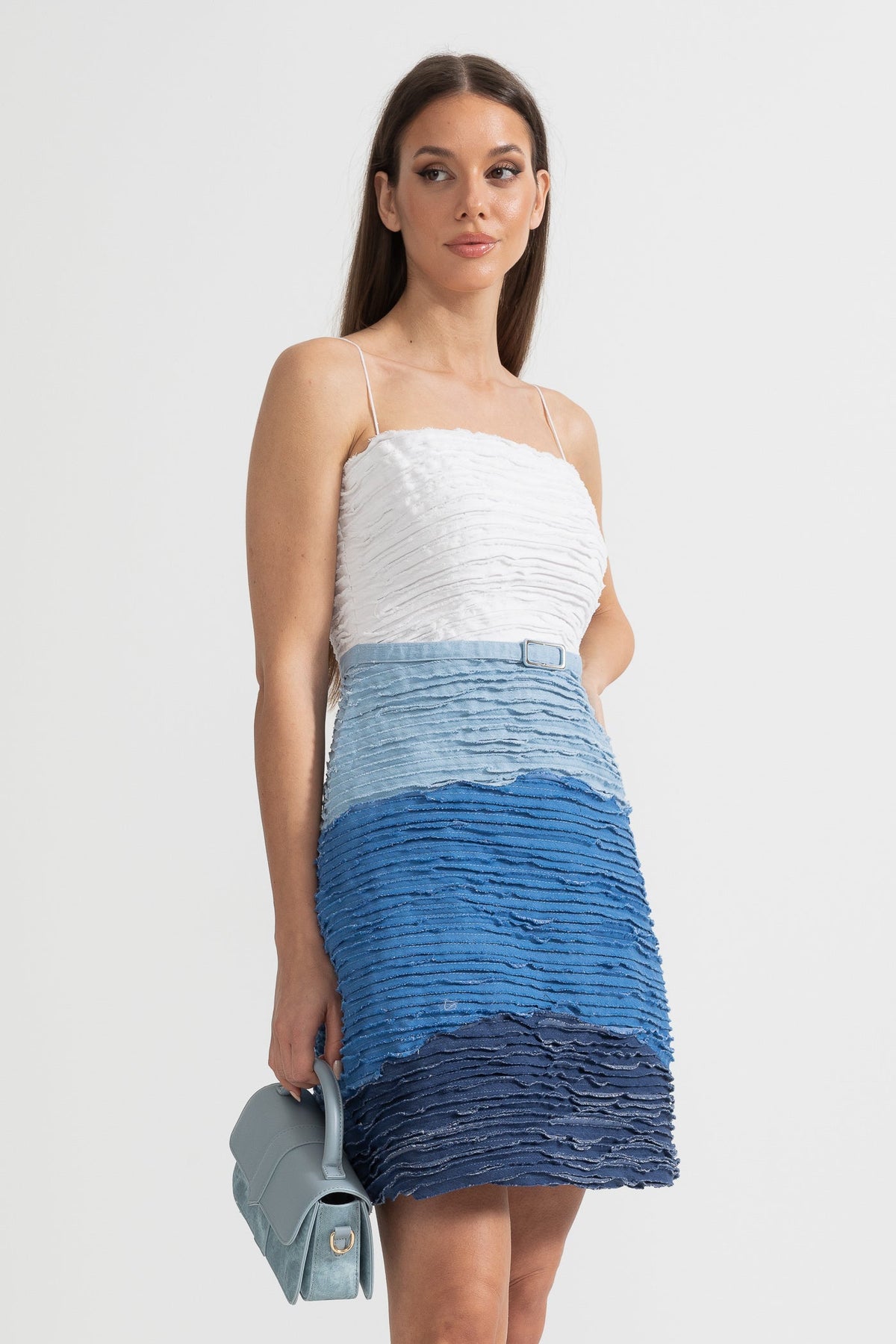Ombre Mini Dress with Textured Layered Fabric - White/Blue