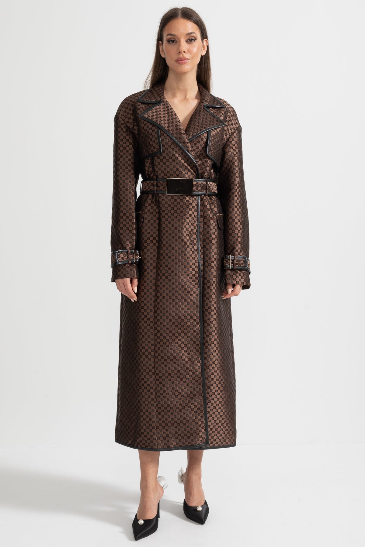 Wide Lapel Trench Coat With Gold Buckle Waist Belt - Brown