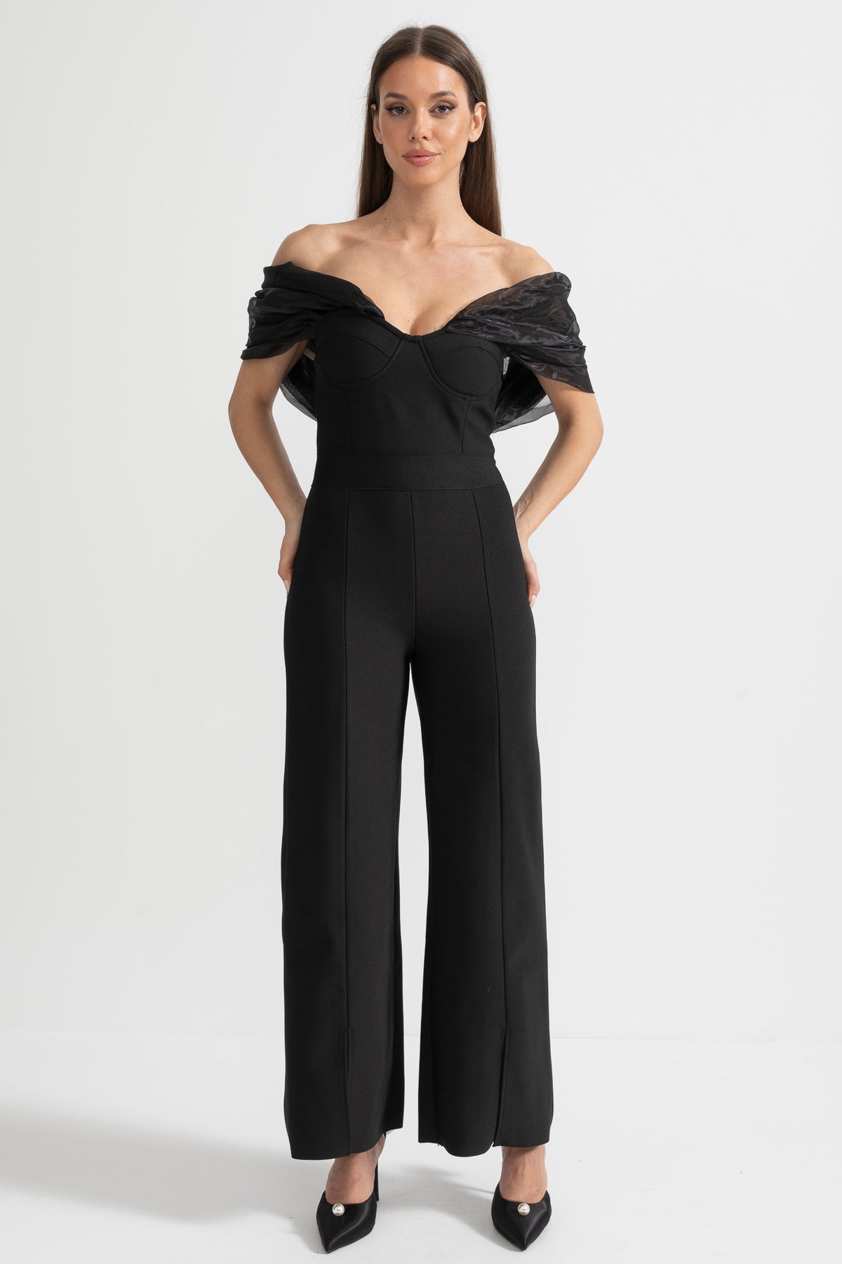 Off-Shoulder Jumpsuit with Draped Sheer Detailing - Black