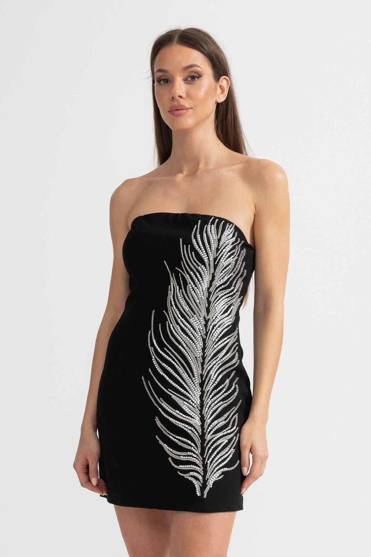 Strapless Mini Dress with Crystal Feather Embellishments - Black