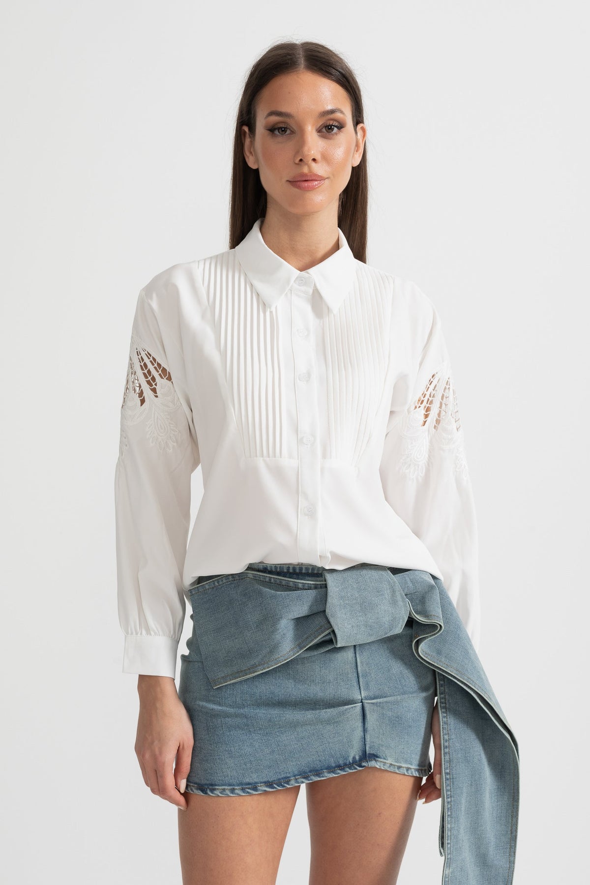 Long-Sleeve Shirt With Pleated Front And Lace Sleeve Inserts - White
