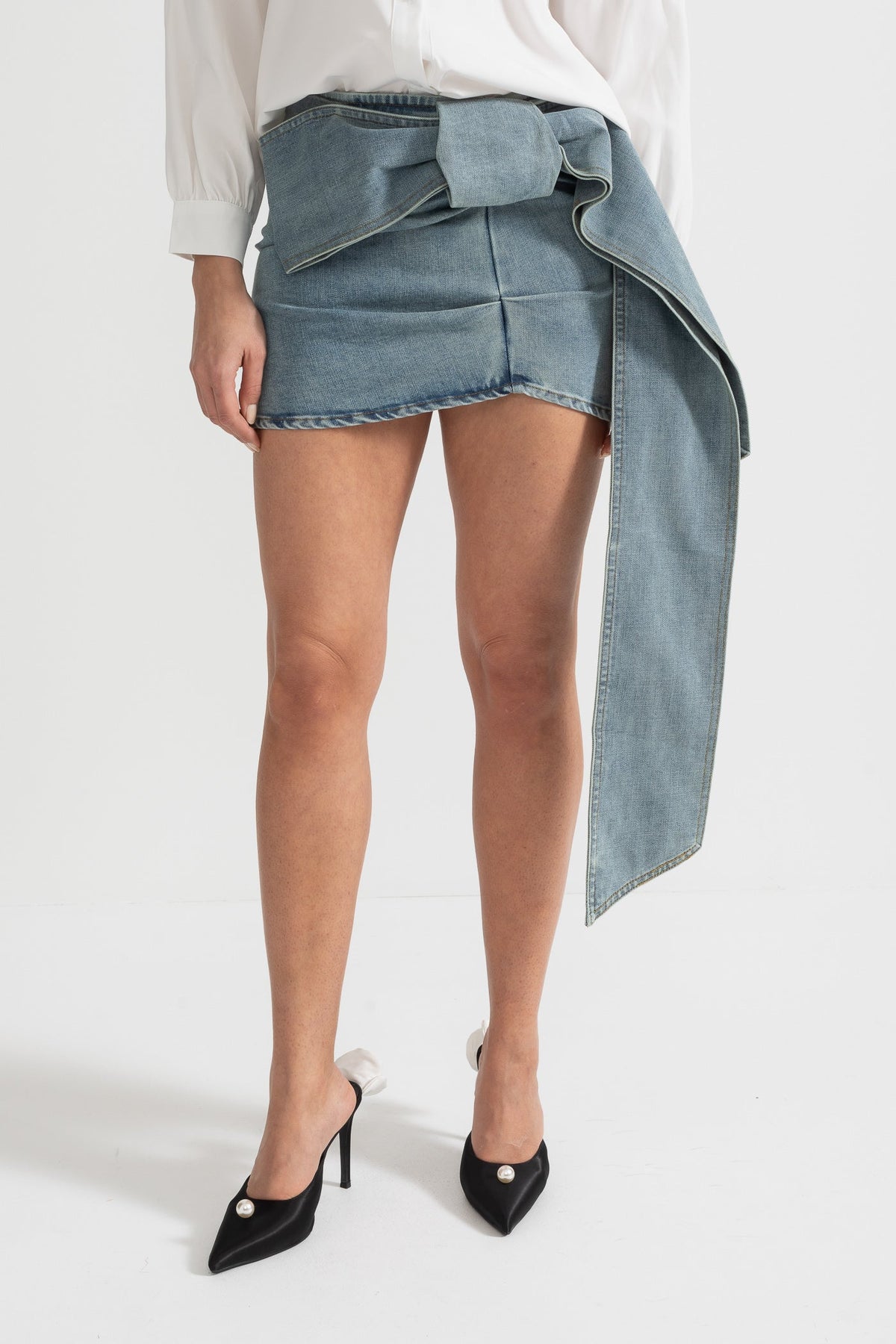 Denim Mini Skirt with Oversized Bow Detail - Blue