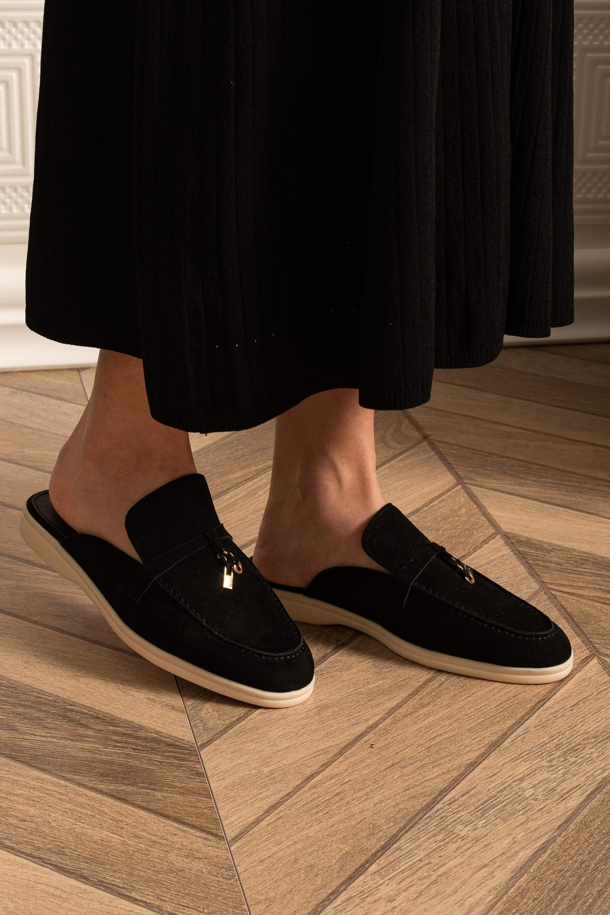 Suede Loafers With Contrasting Sole And Metal Charms - Black
