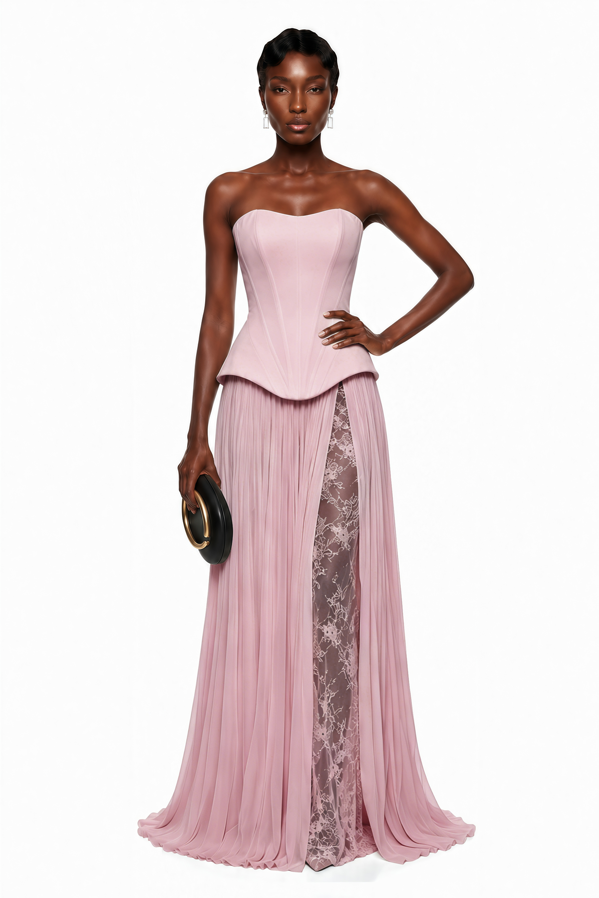 Maisie Pink Corset Top & Pleated Skirt Set with Lace Panels