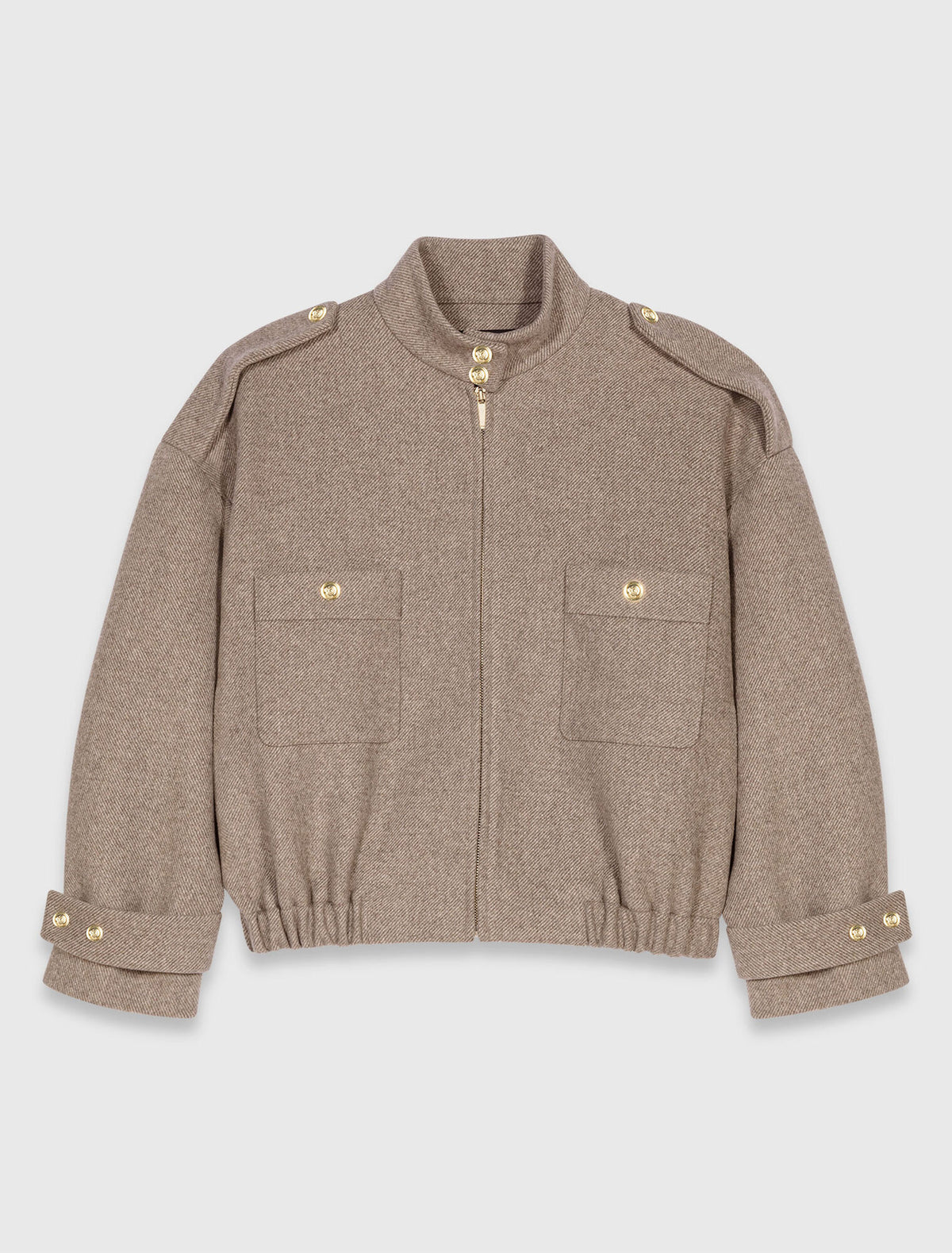 MADDY VIVIENNE BEIGE MIXED WOOL OVERSIZED JACKET WITH HIGH COLLAR AND GOLD BUTTONED FINISHES - BEIGE