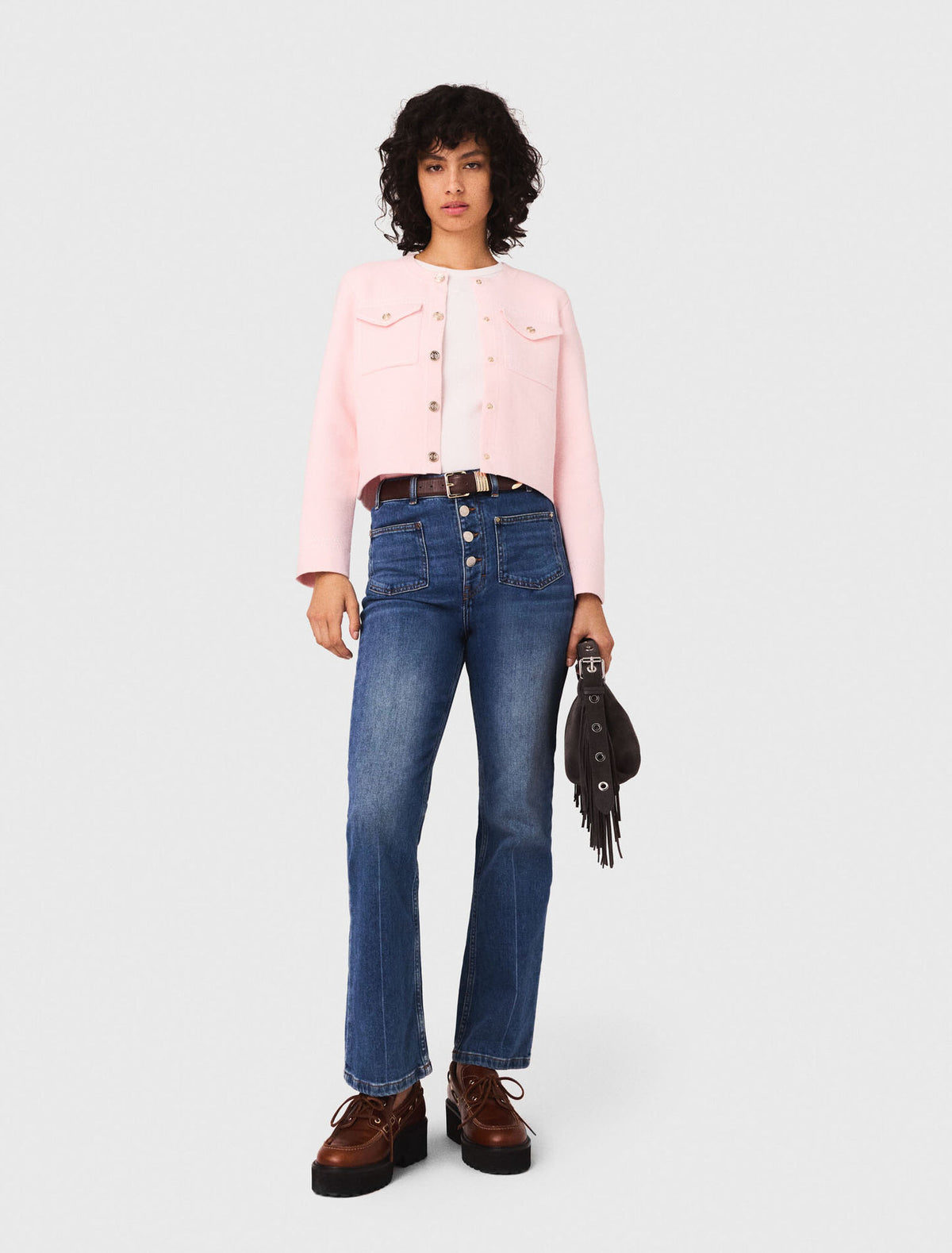 MADDY PINK TOPSTITCHED CROPPED CARDIGAN WITH PATCH POCKETS AND GOLD BUTTONS - PINK