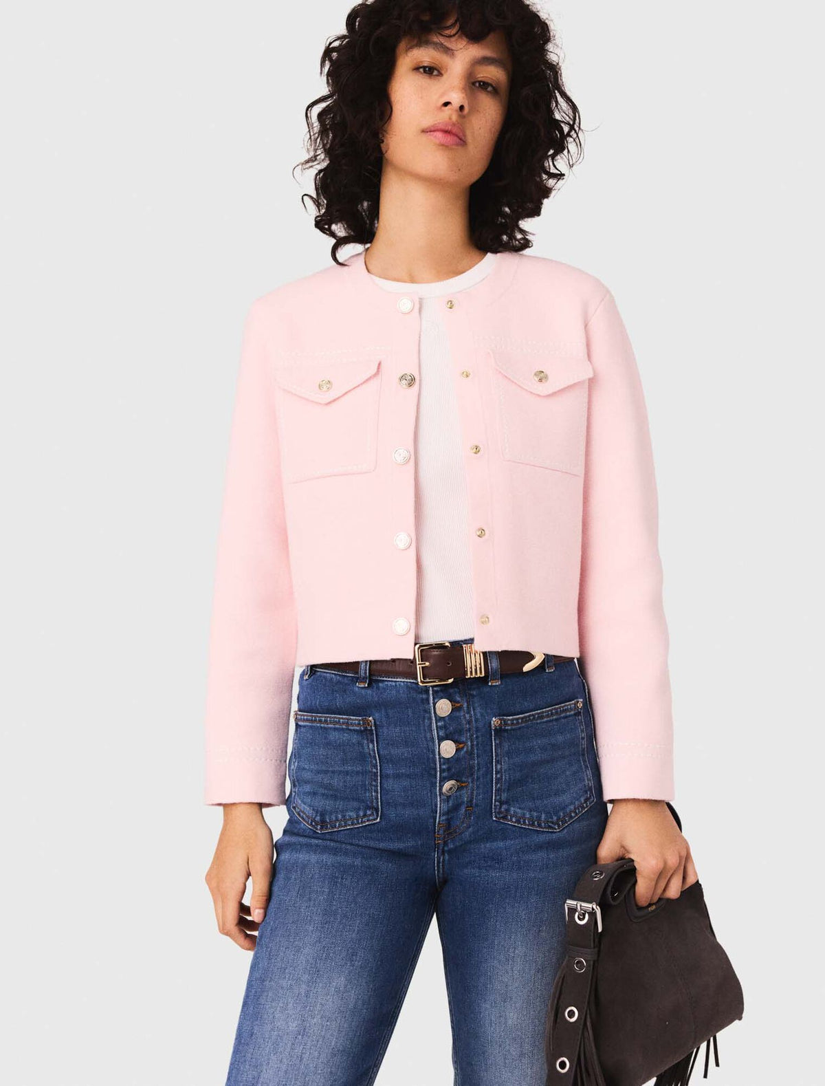 MADDY PINK TOPSTITCHED CROPPED CARDIGAN WITH PATCH POCKETS AND GOLD BUTTONS - PINK