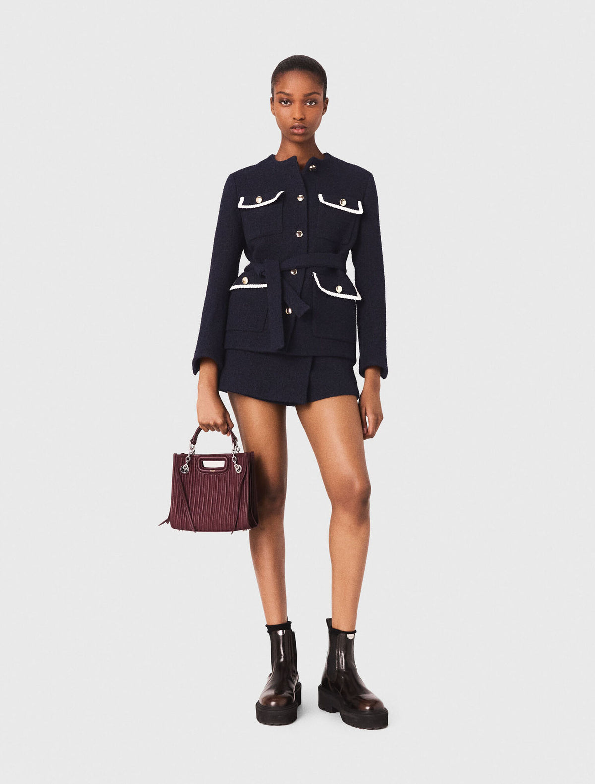 MADDY ARIA 4-POCKET NAVY CROPPED TWEED JACKET WITH GOLD BUTTONS - NAVY