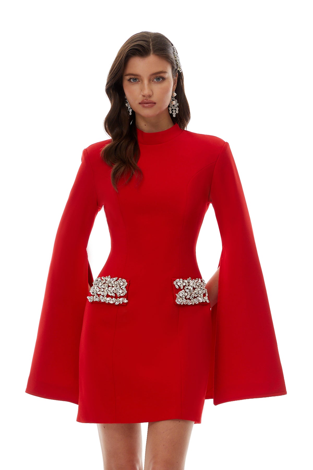 Manon Red Mock Neck Embellished Mini Dress (Final Sale-US Only)