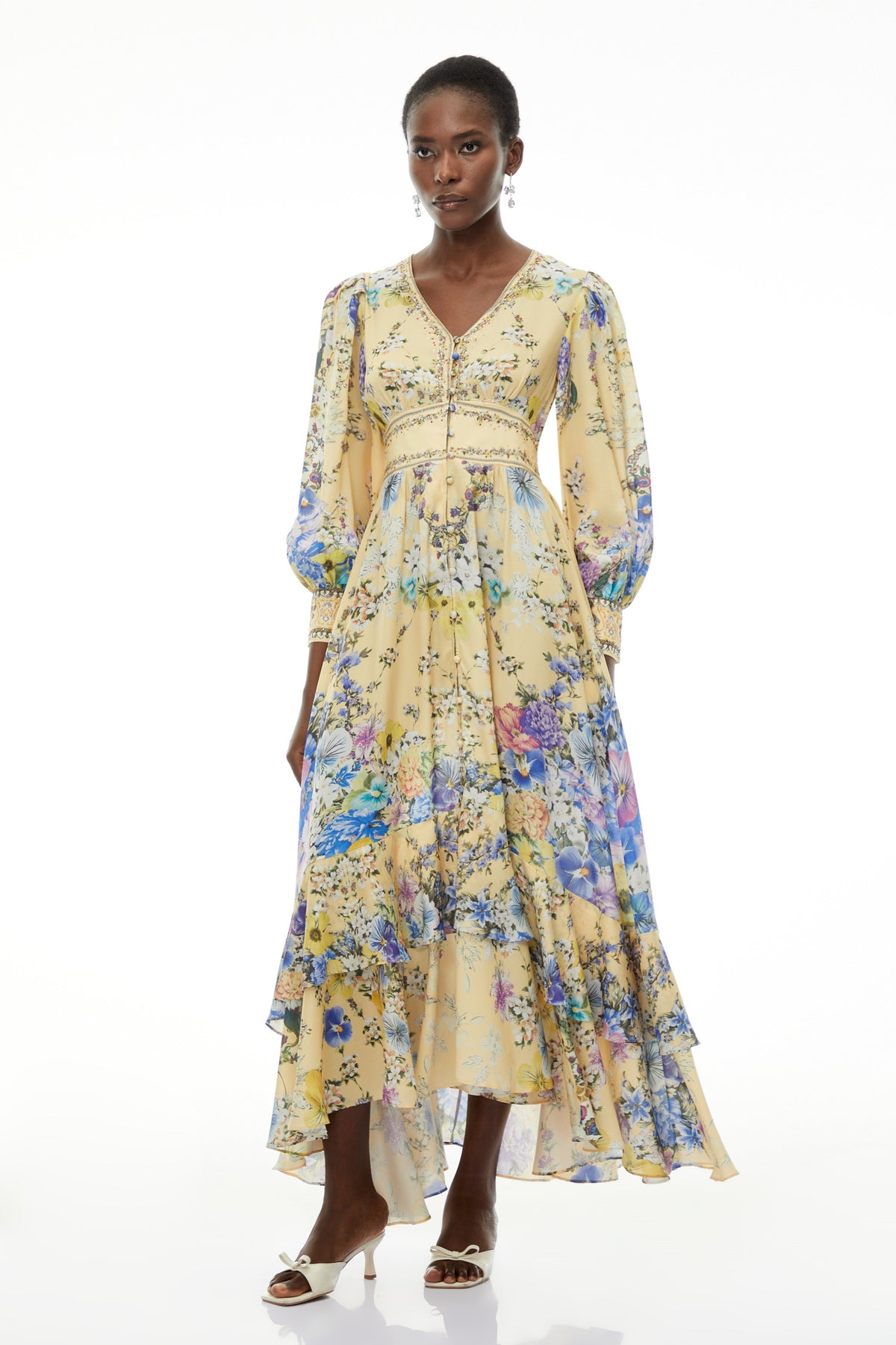 Manon Yellow V-Neck Puff Sleeve Floral Print Maxi Dress