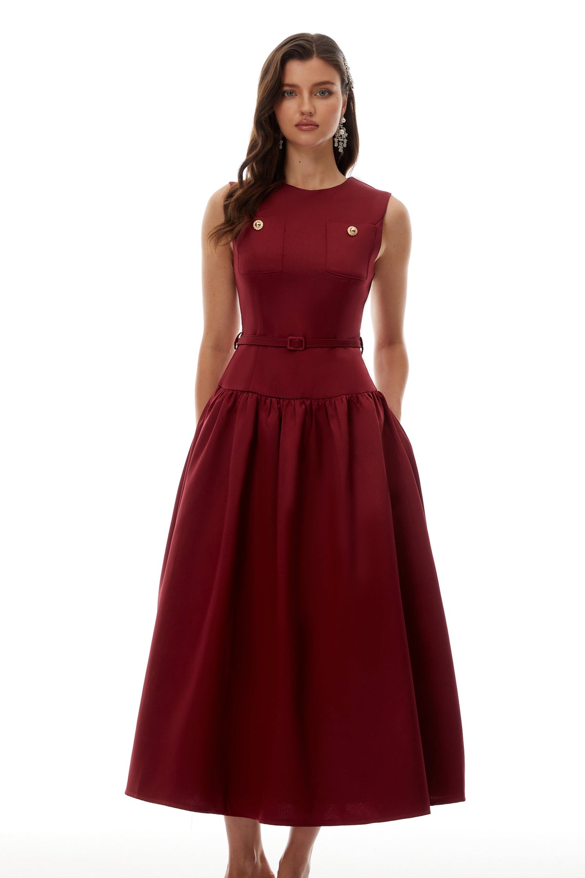 Triana Burgundy Belt Waist Satin Maxi Dress