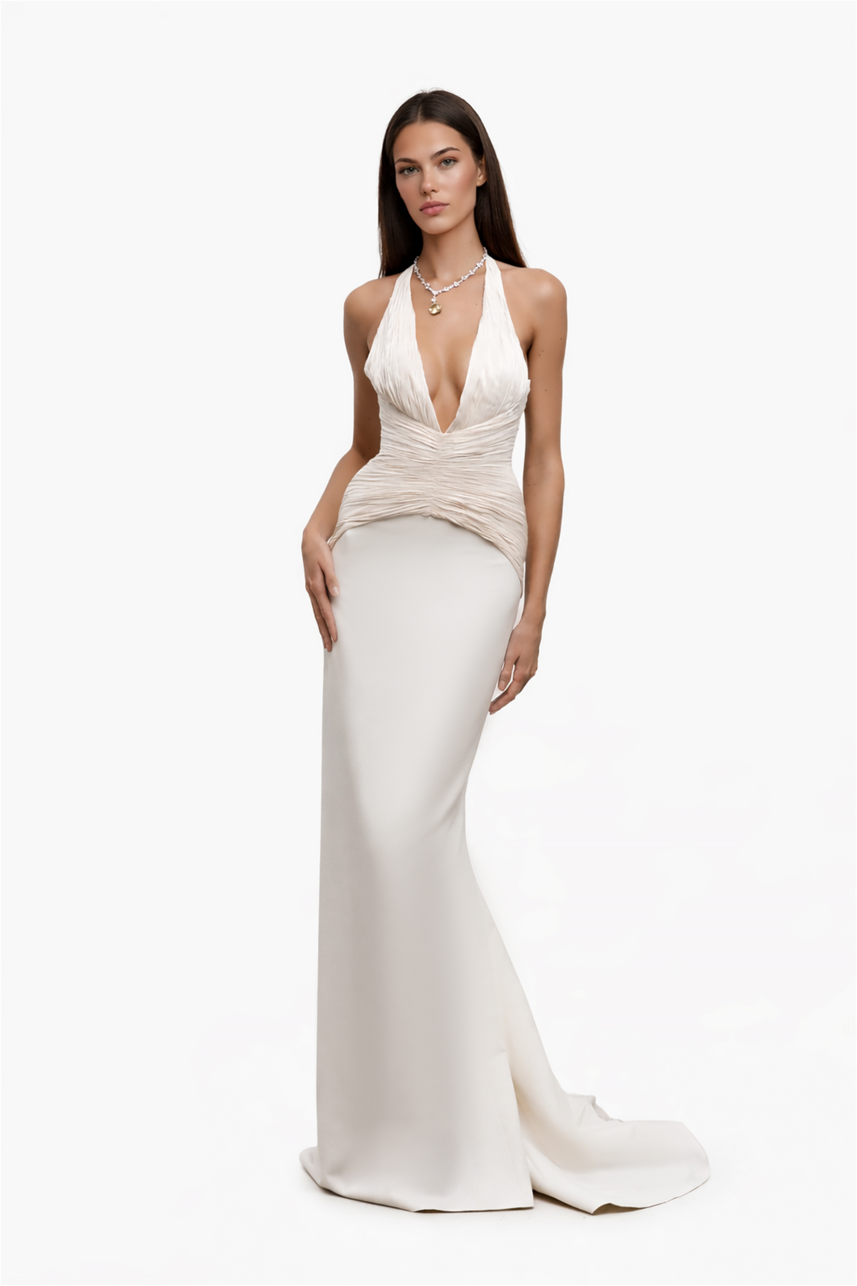 Maren Ivory Halterneck Ruched Top & Skirt Set