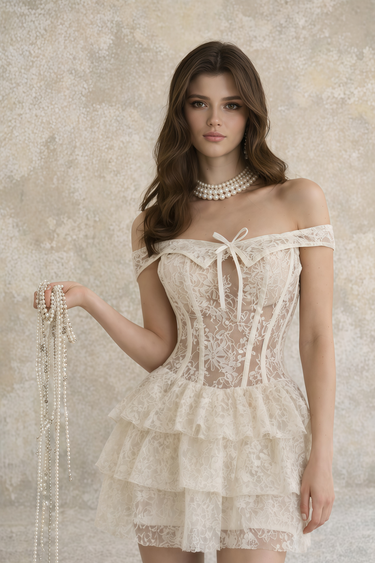 Marietjie Neutral Floral Lace Mini Dress