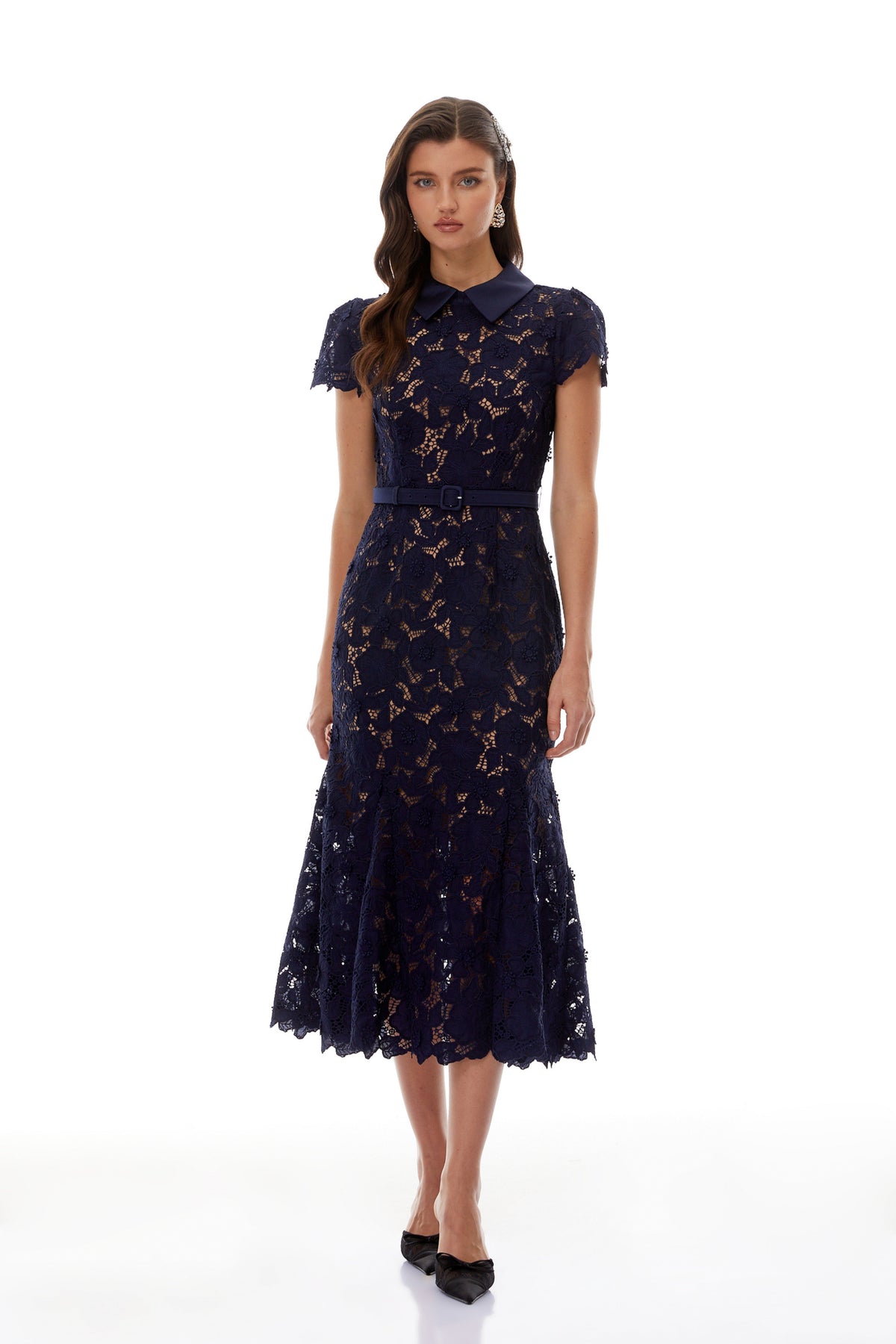 Marlene Navy Blue Floral Lace Midi Dress