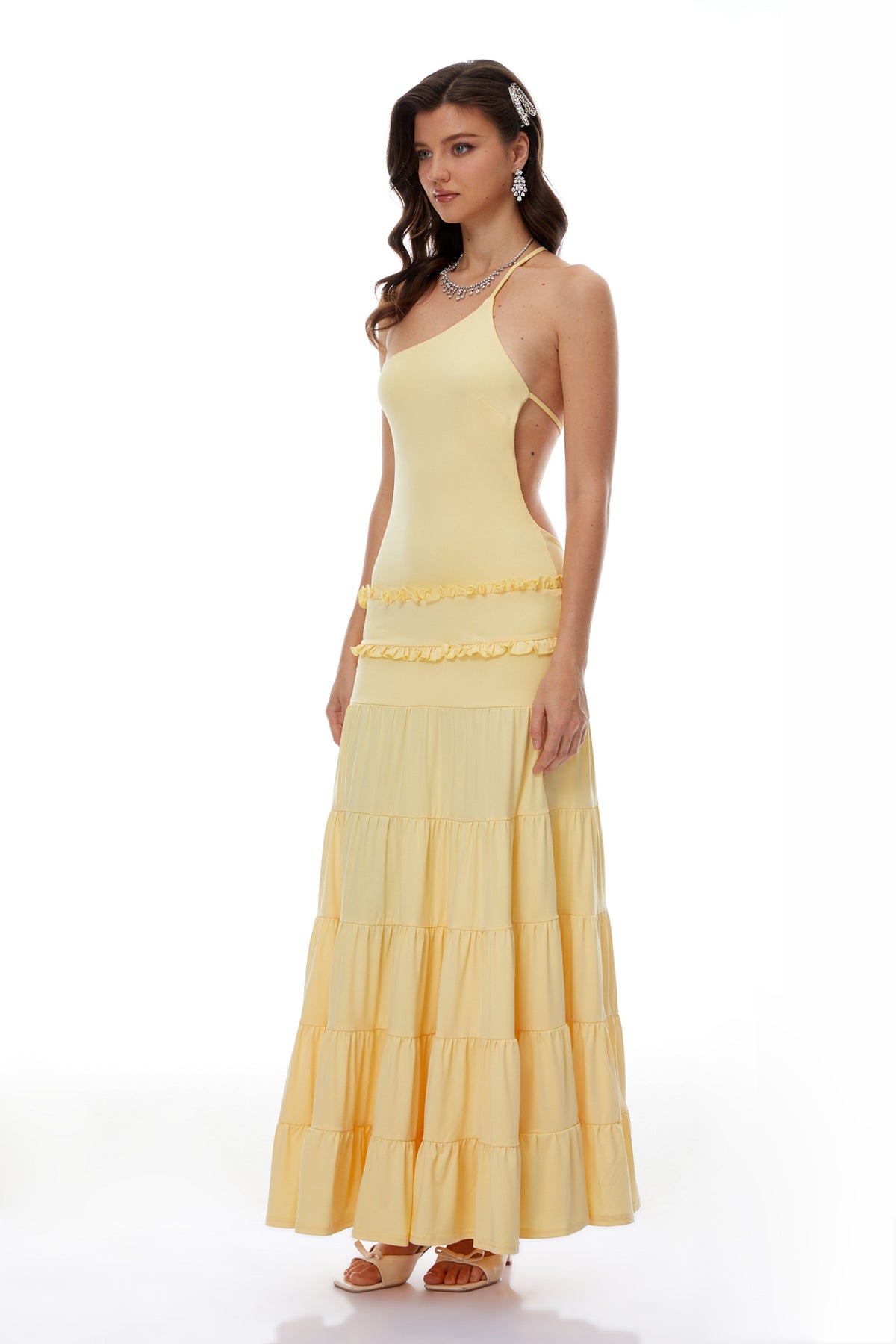 Martina Yellow One Shoulder Tiered Maxi Dress
