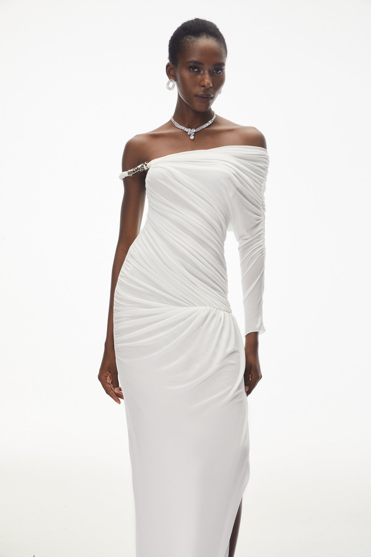 Maya White One Shoulder Ruched Maxi Dress (Final Sale)