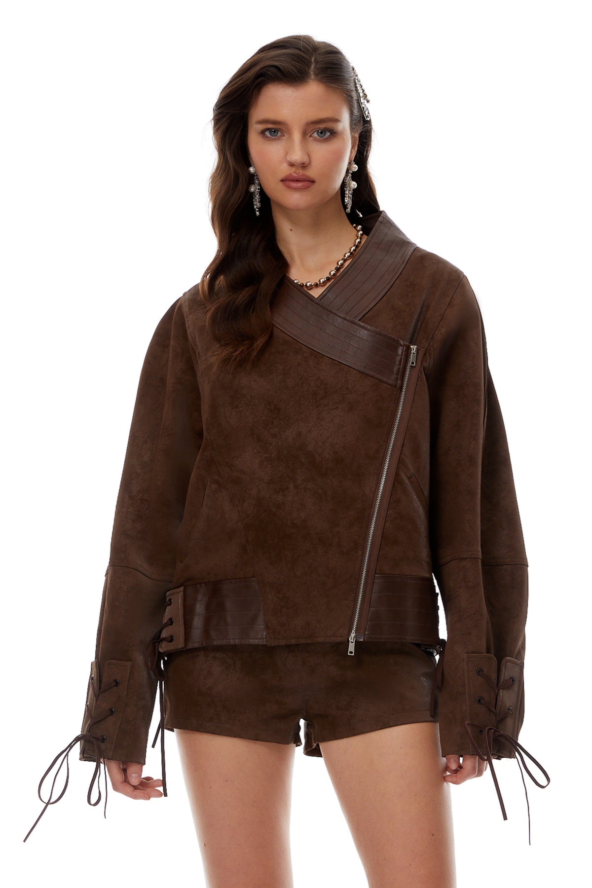 Mélanie Brown Suede Jacket & Shorts Set